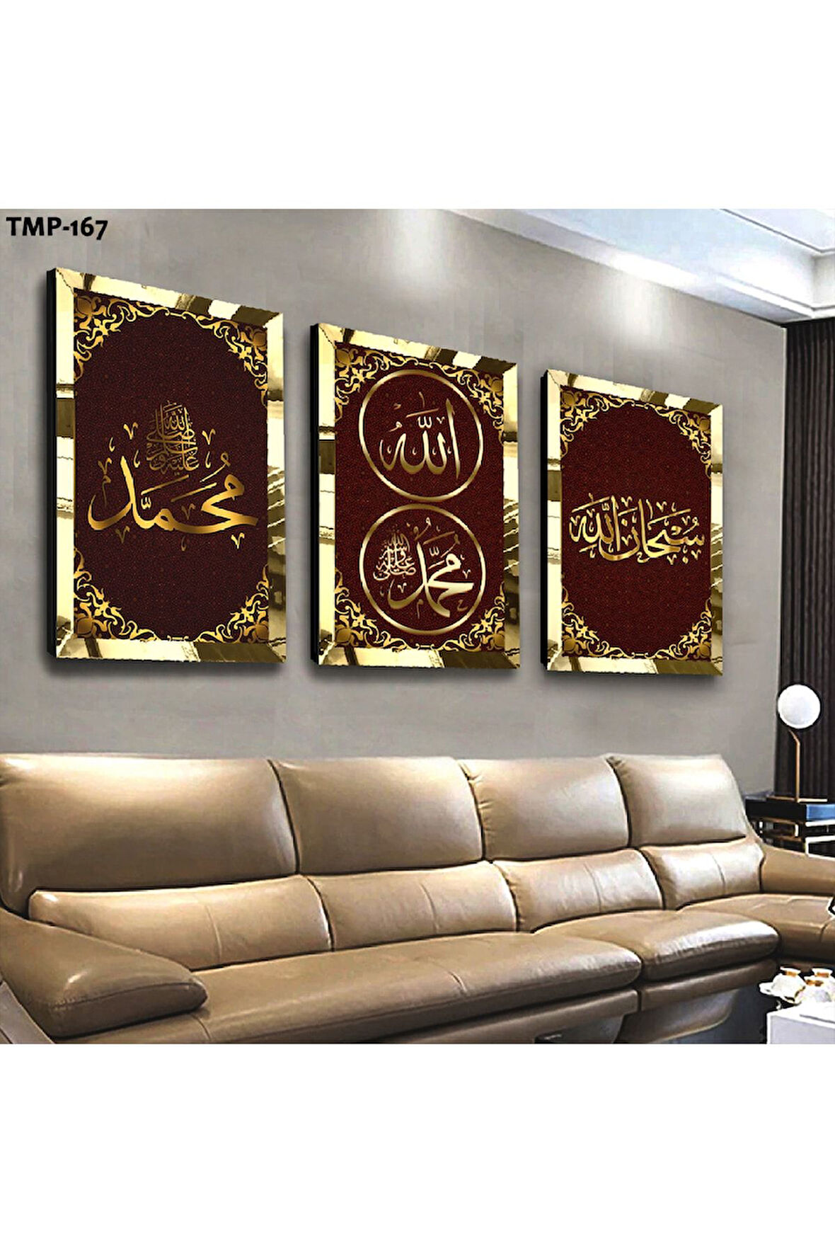Gold Aynalı Pleksi Çerçeveli Hz Muhammed Ve Allah Lafzı Dini Üçlü Mdf Tablo Seti