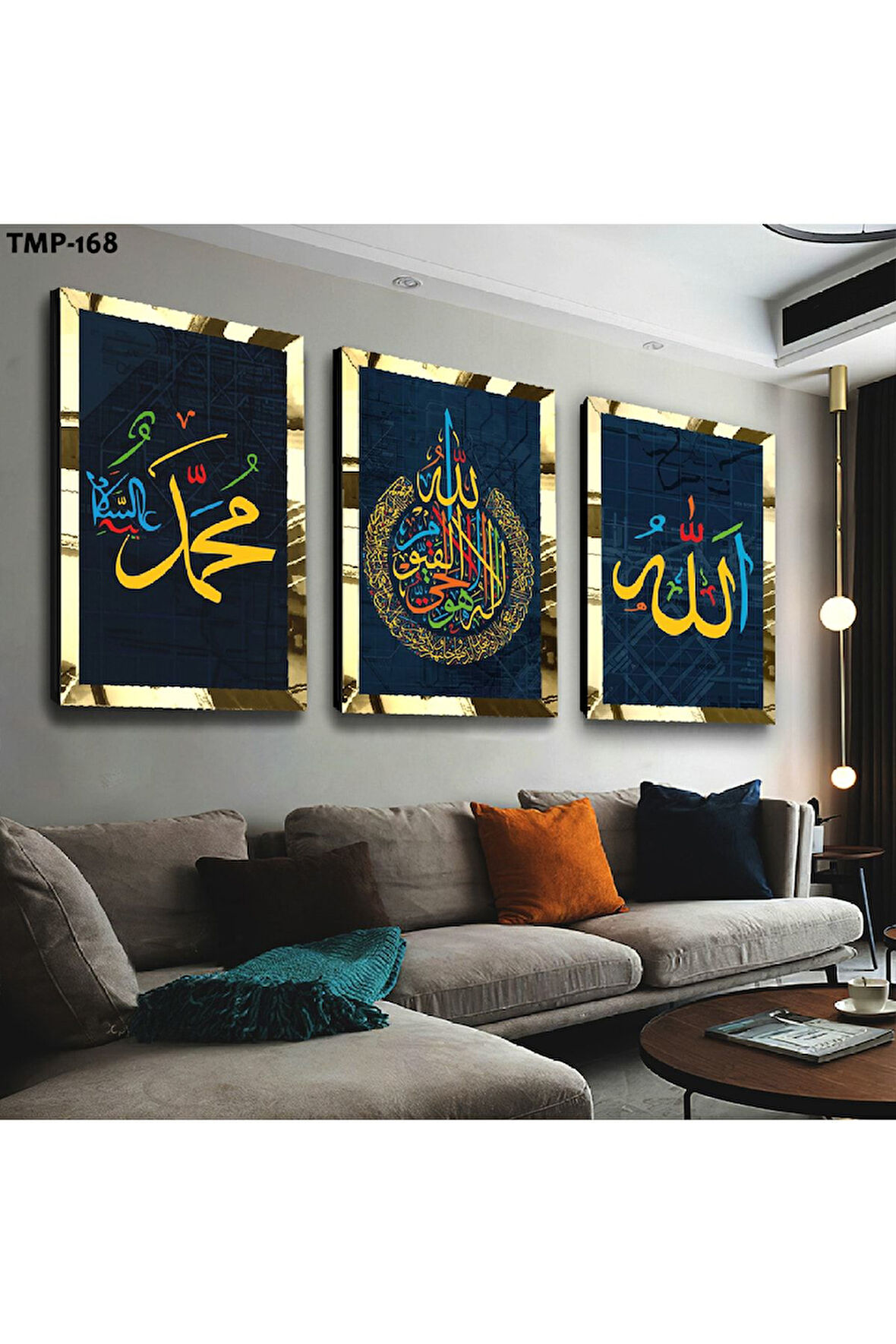Gold Aynalı Pleksi Çerçeveli Hz Muhammed Ve Allah Lafzı Dini Üçlü Mdf Tablo Seti