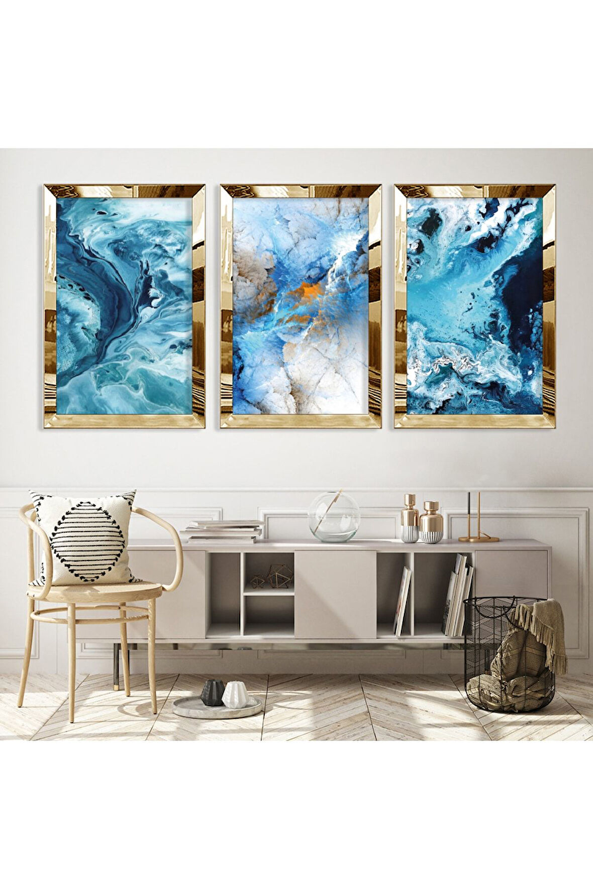 Gold Aynalı Pleksi Çerçeveli Mavi Renkli Üçlü Mdf Tablo Seti