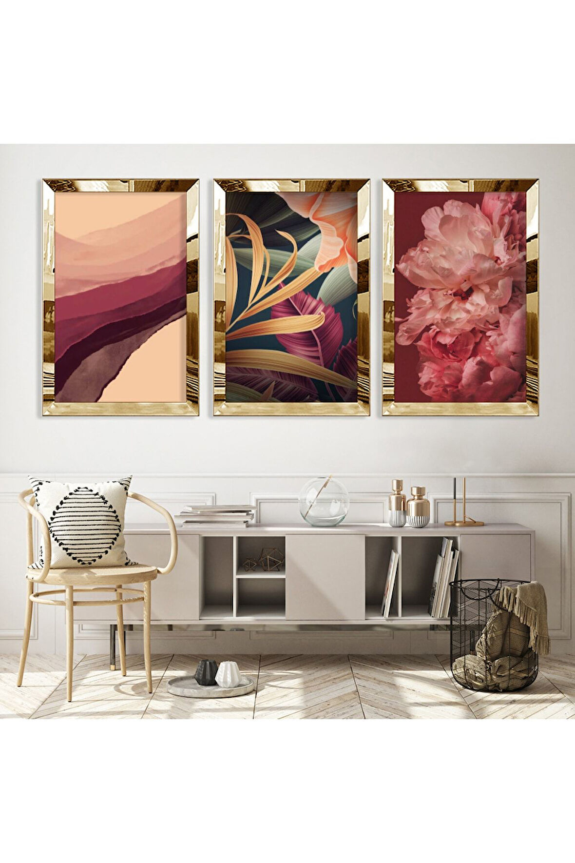 Gold Aynalı Pleksi Çerçeveli Renk Çiçek Üçlü Mdf Tablo Seti