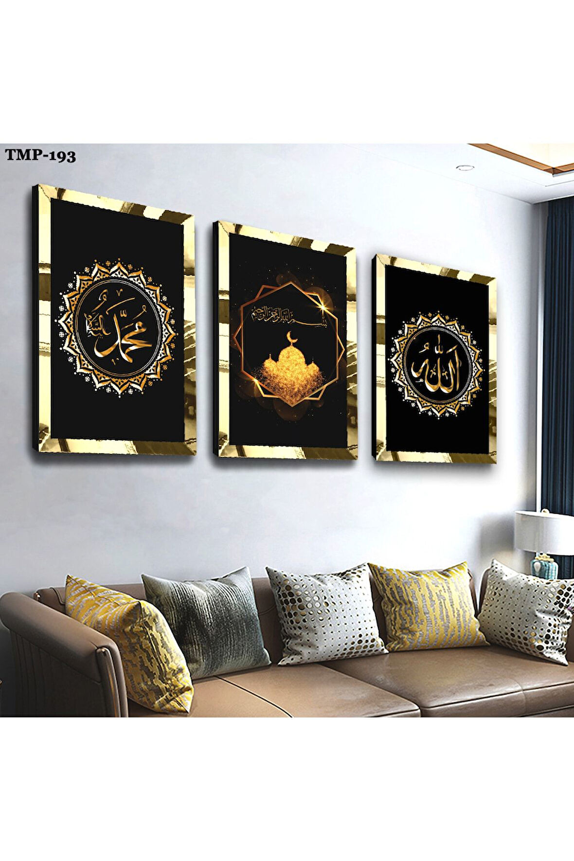 Gold Aynalı Pleksi Çerçeveli Hz Muhammed Ve Allah Lafzı Dini Üçlü Mdf Tablo Seti