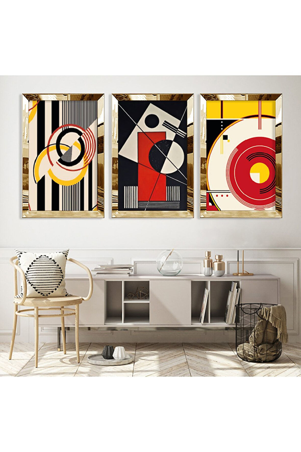 Gold Aynalı Pleksi Çerçeveli Renk Üçlü Mdf Tablo Seti