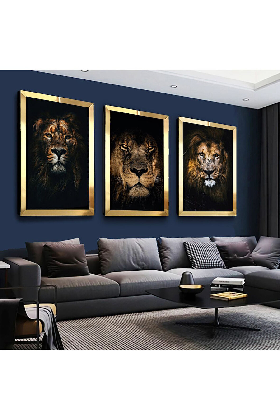 Gümüş Aynalı Pleksi Çerçeveli Ormanlar Kralı Aslan Gümüş Üçlü Mdf Tablo Seti