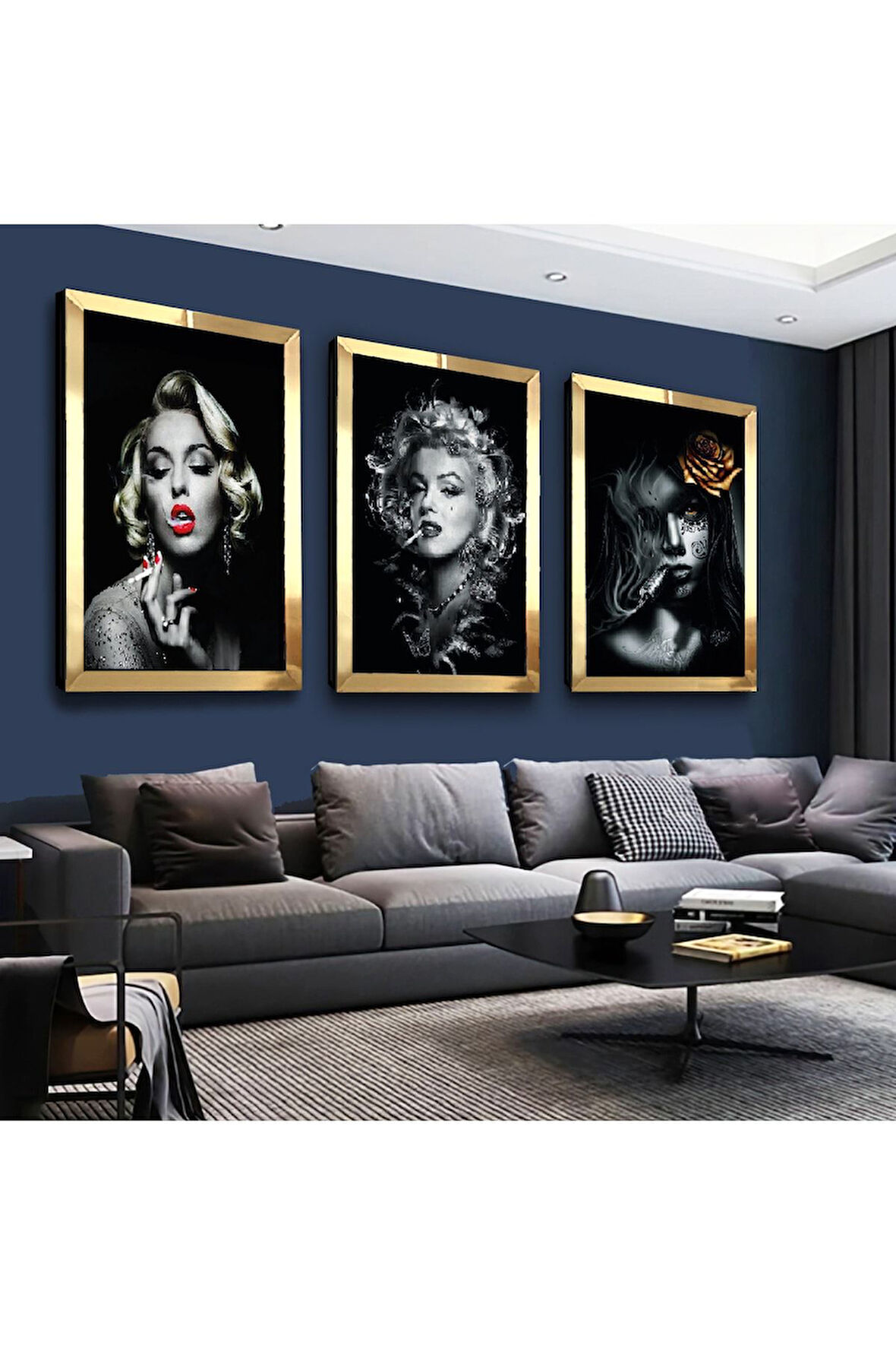 Gümüş Aynalı Pleksi Çerçeveli Marilyn Monroe Gümüş Üçlü Mdf Tablo Seti