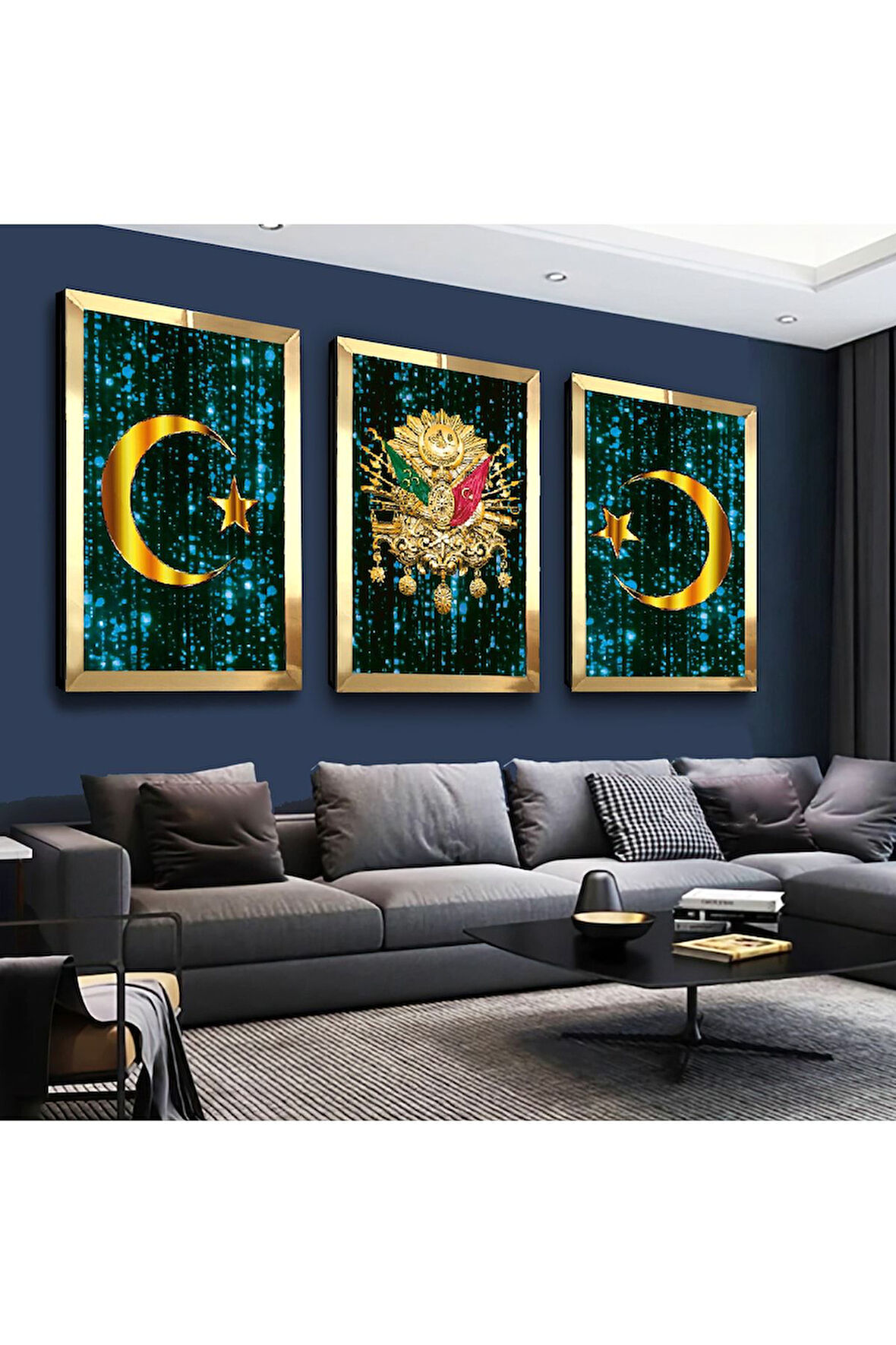Gold Aynalı Pleksi Çerçeveli Turkuaz Osmanlı Tuğrası Üçlü Mdf Tablo Seti