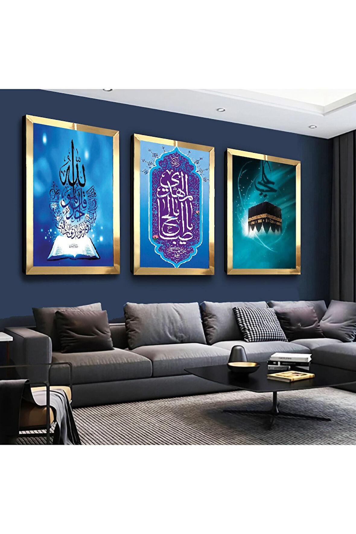 Gümüş Aynalı Pleksi Çerçeveli Kabe Ve Allah Muhammed Lafzı Dini Gümüş Üçlü Mdf Tablo Seti