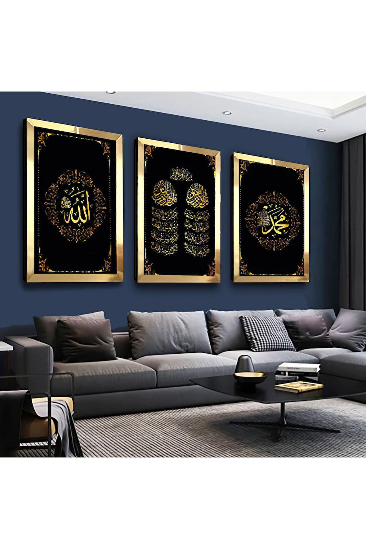 Gold Aynalı Pleksi Çerçeveli Allah Muhammed Lafzı Üçlü Mdf Tablo Seti