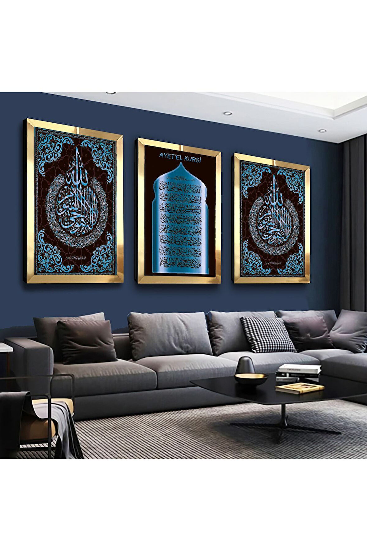 Gold Aynalı Pleksi Çerçeveli Ayetel Kürsi Ve Allah Lafzı Üçlü Mdf Tablo Seti