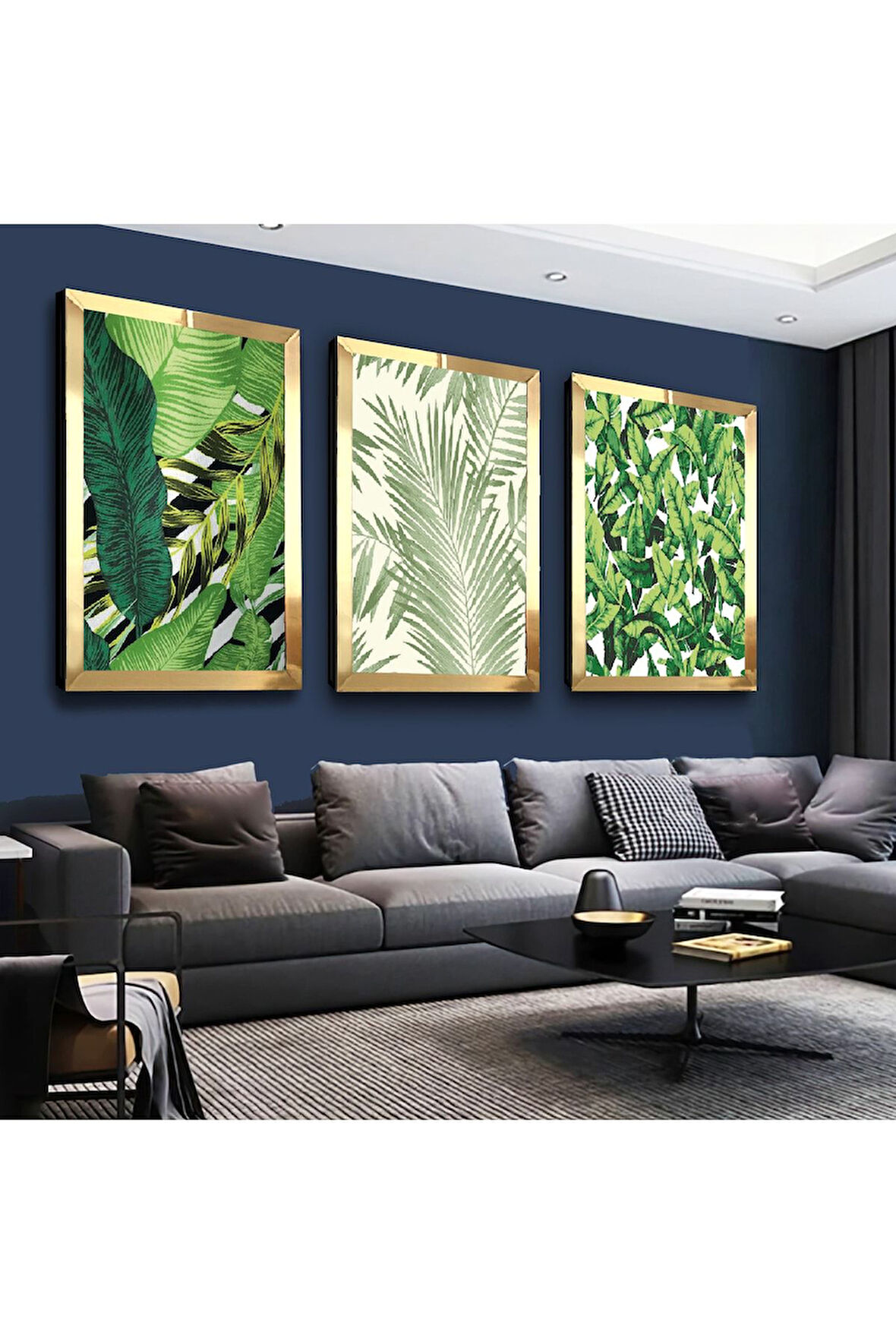 Gold Aynalı Pleksi Çerçeveli Yeşil Yapraklar Modern Üçlü Mdf Tablo Seti