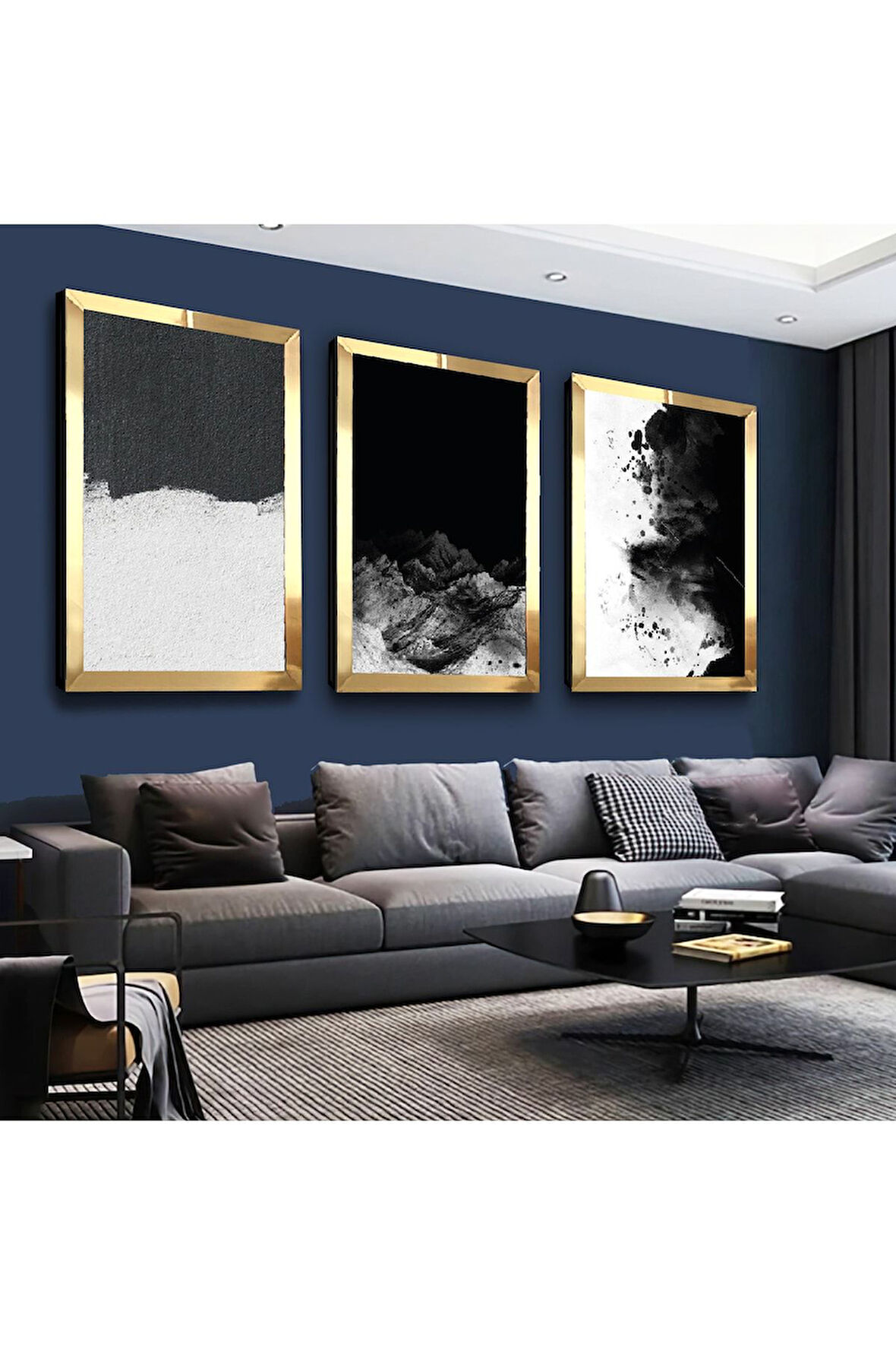 Gümüş Aynalı Pleksi Çerçeveli Siyah Beyaz Modern Gümüş Üçlü Mdf Tablo Seti