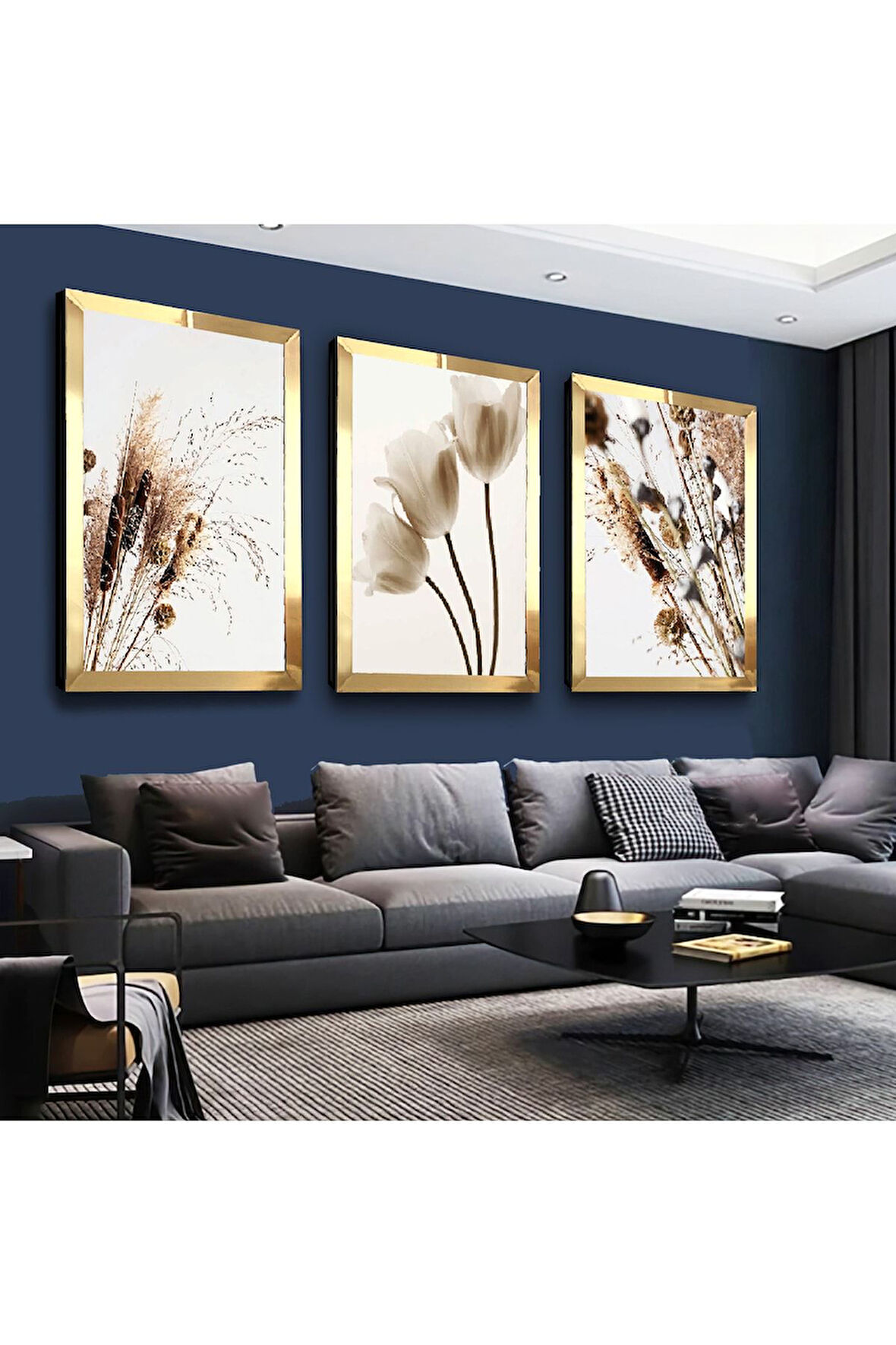 Gold Aynalı Pleksi Çerçeveli Beyaz Çiçek Üçlü Mdf Tablo Seti