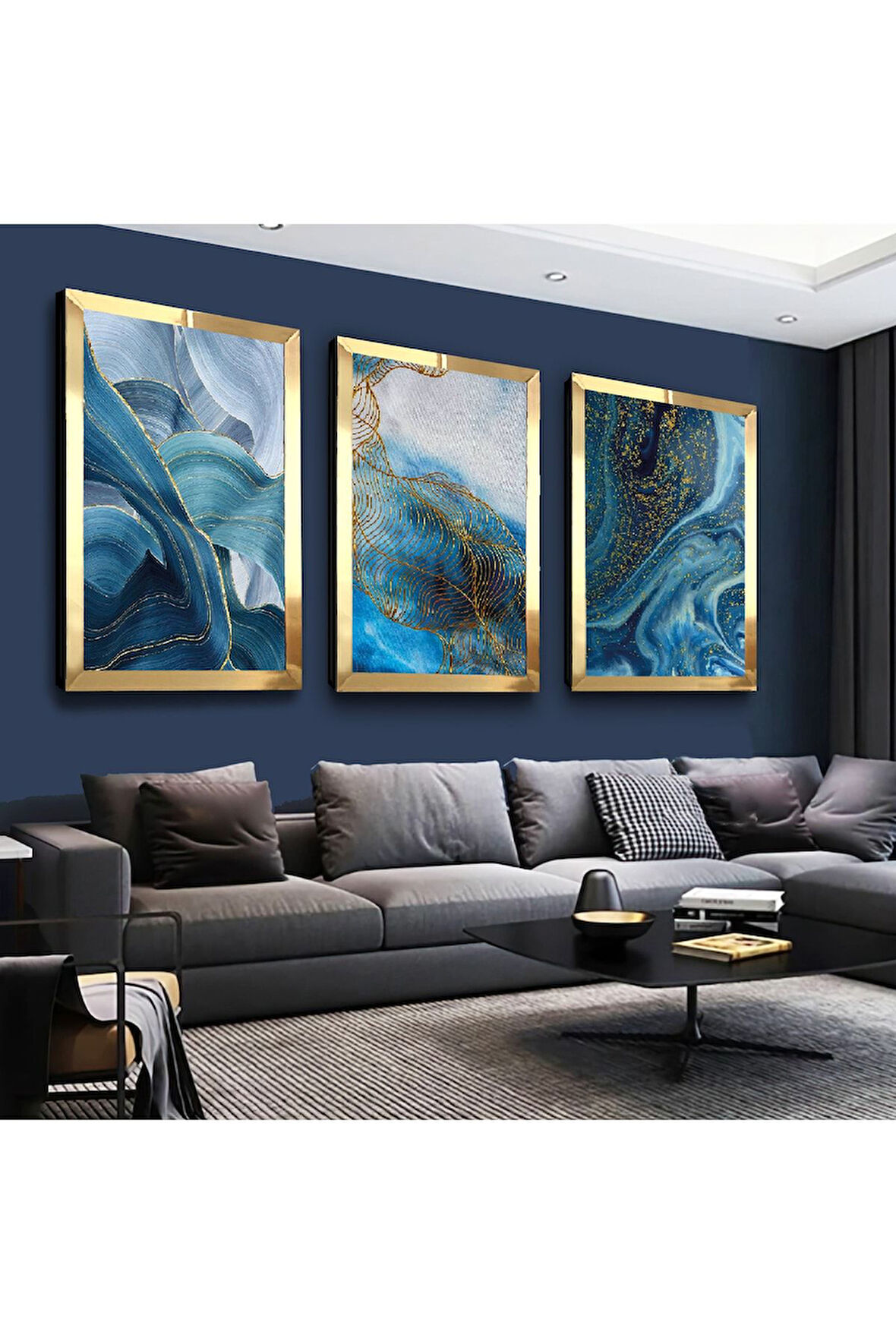 Gümüş Aynalı Pleksi Çerçeveli Mavi Renk Modern Gümüş Üçlü Mdf Tablo Seti