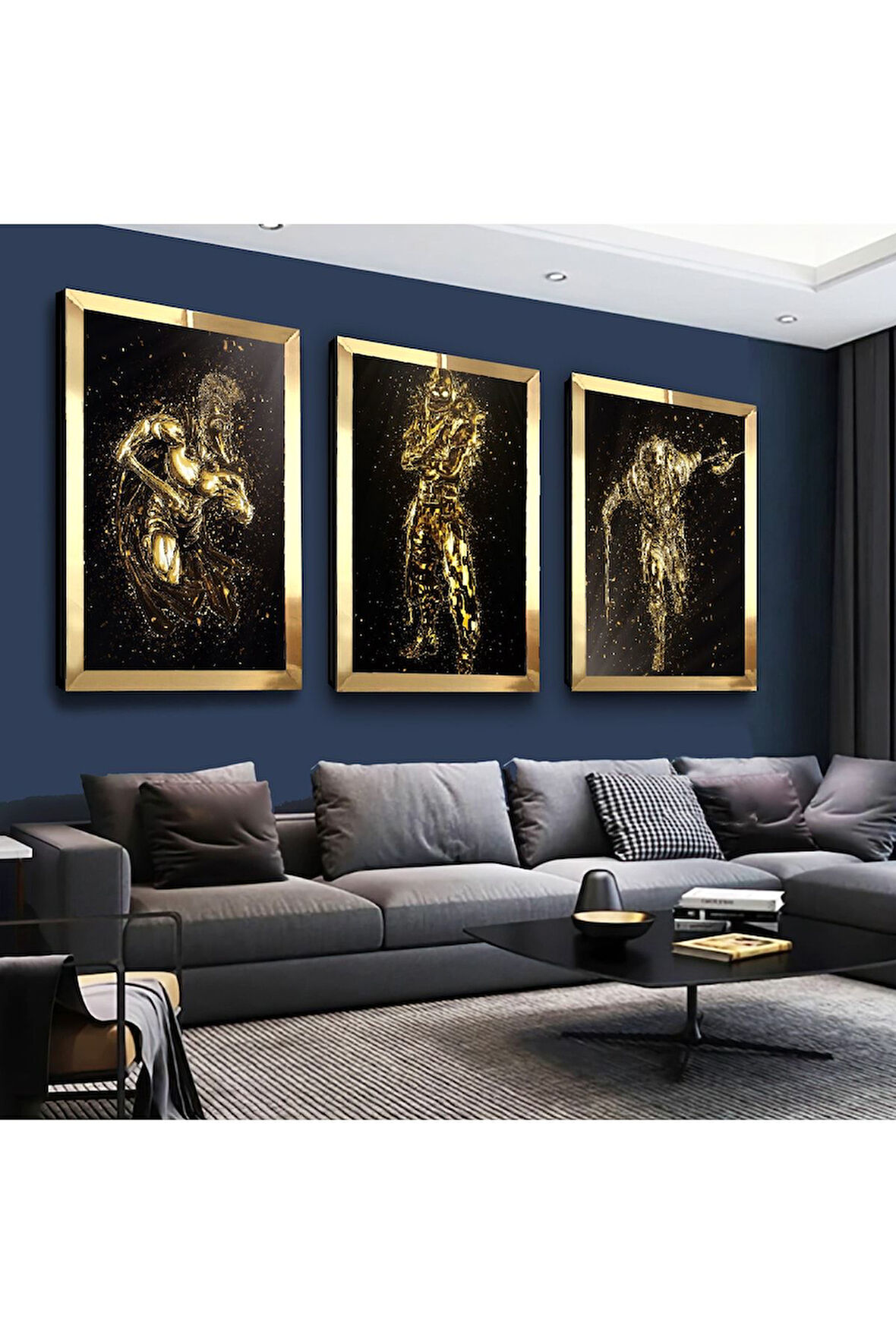 Gold Aynalı Pleksi Çerçeveli Sanat Modern Üçlü Mdf Tablo Seti