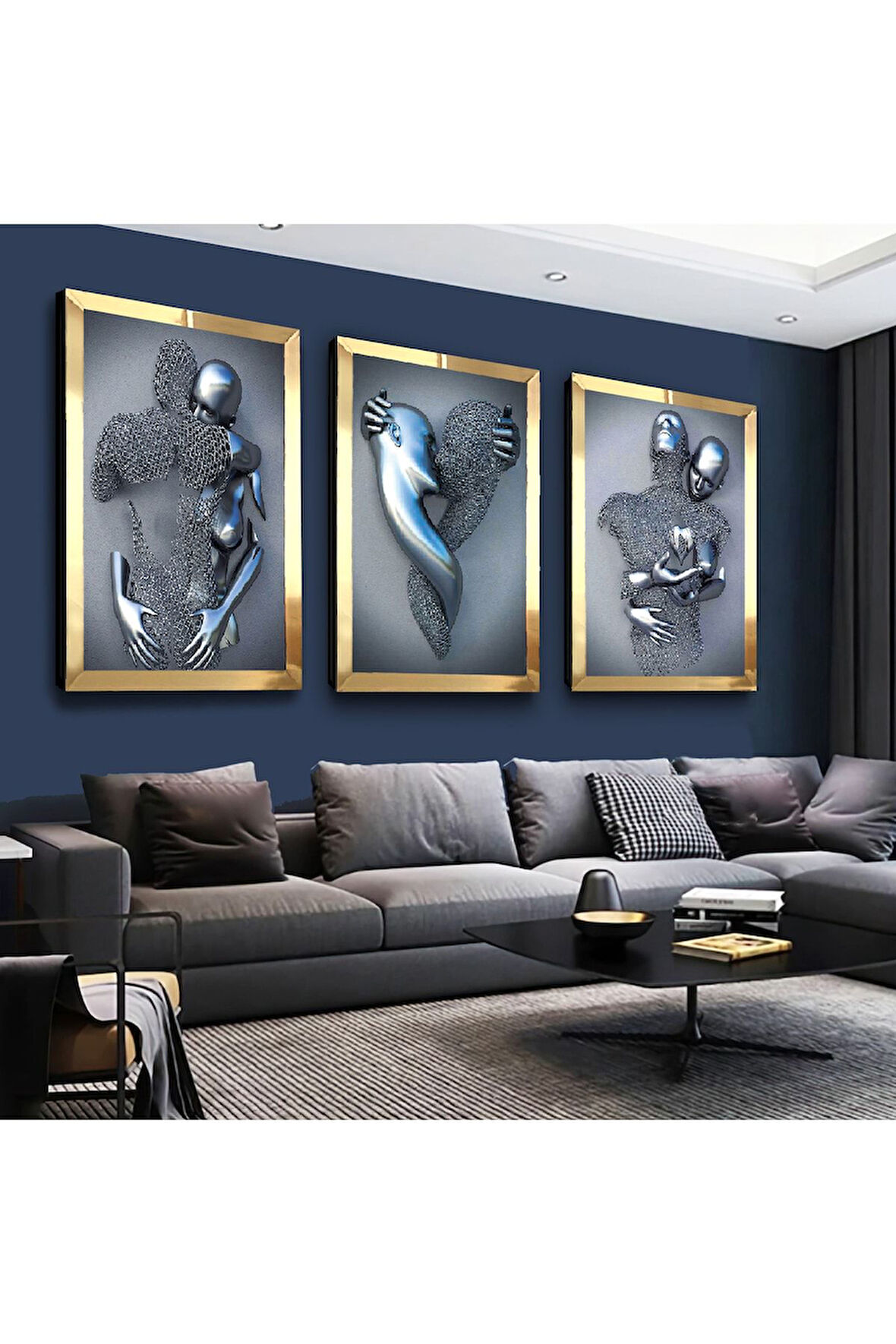 Gold Aynalı Pleksi Çerçeveli Sanat Modern Üçlü Mdf Tablo Seti