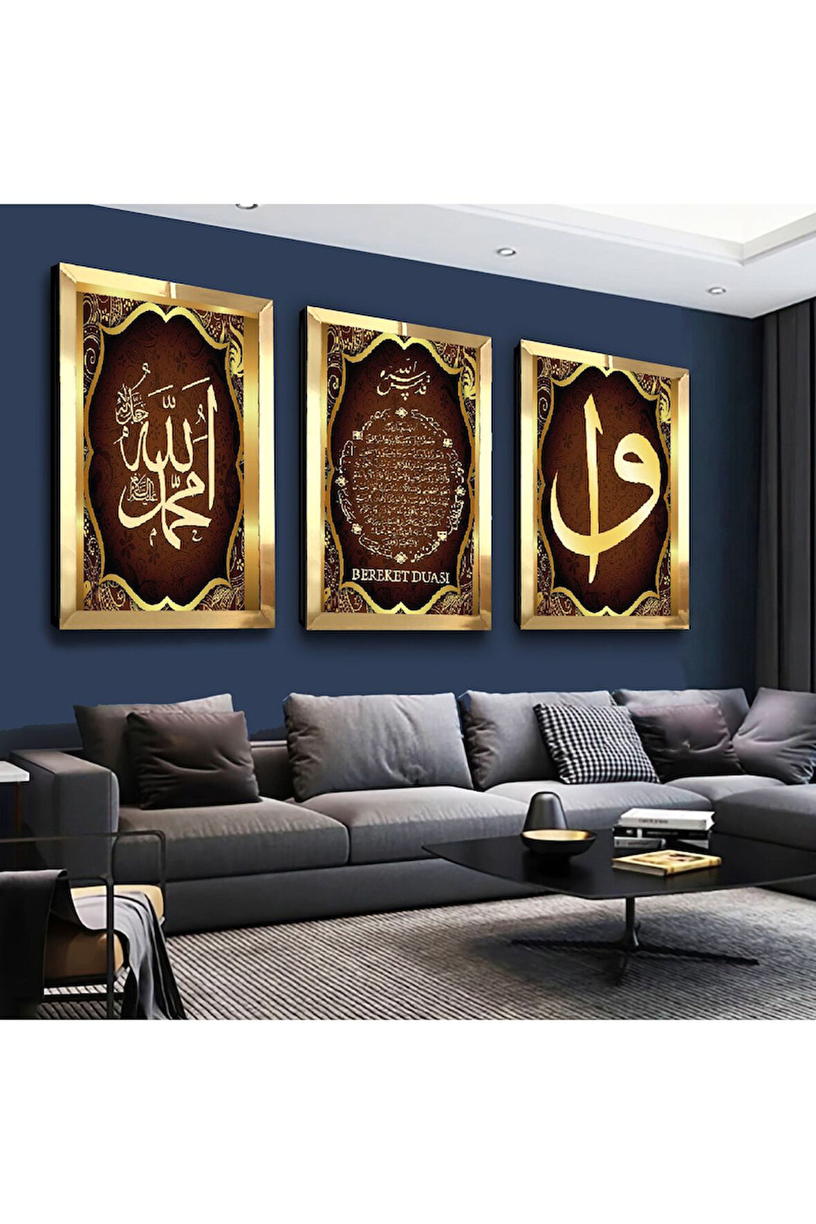 Gold Aynalı Pleksi Çerçeveli Bereket Duası Üçlü Mdf Tablo Seti