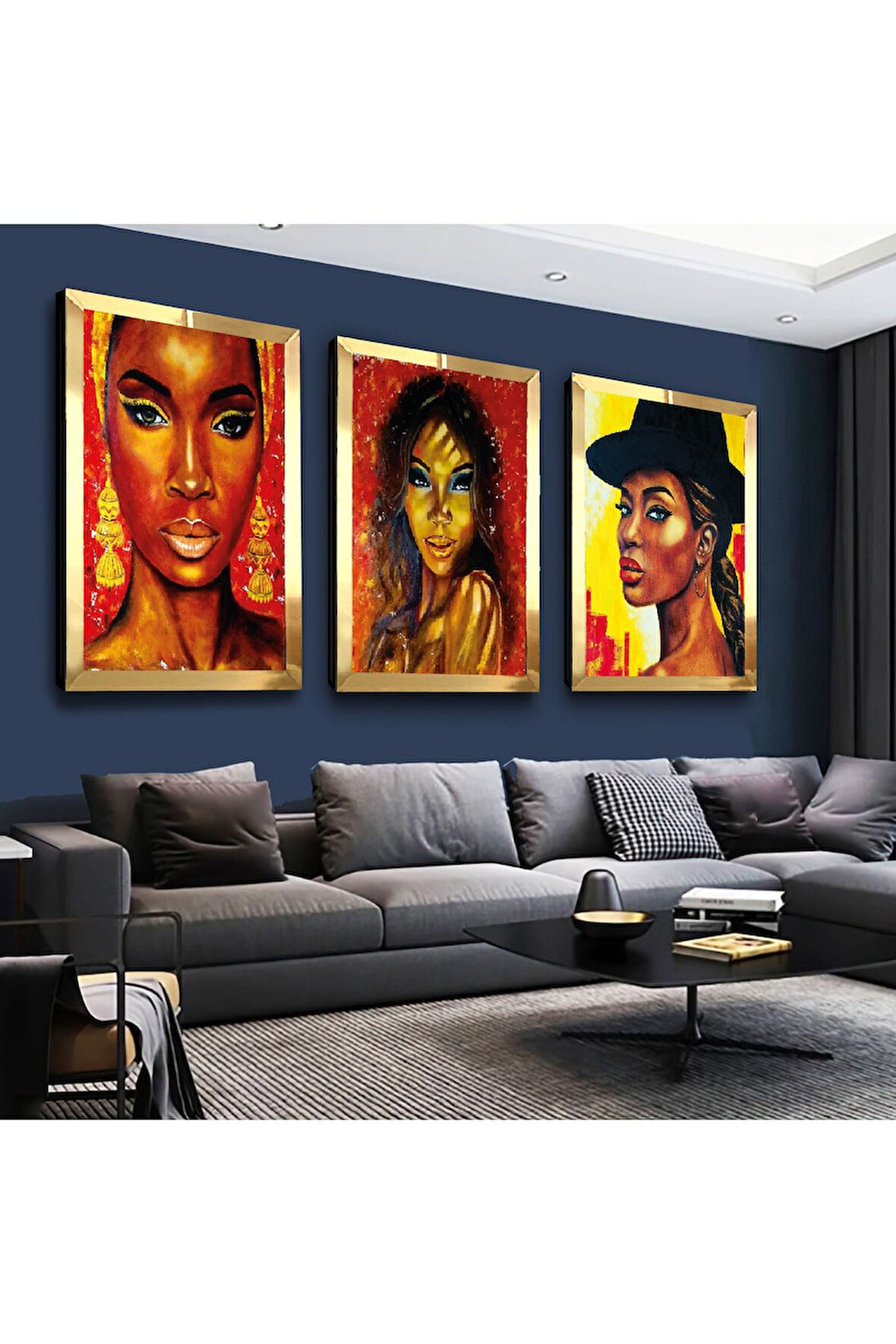 Gold Aynalı Pleksi Çerçeveli Kolaj Çizim Kadın Üçlü Mdf Tablo Seti