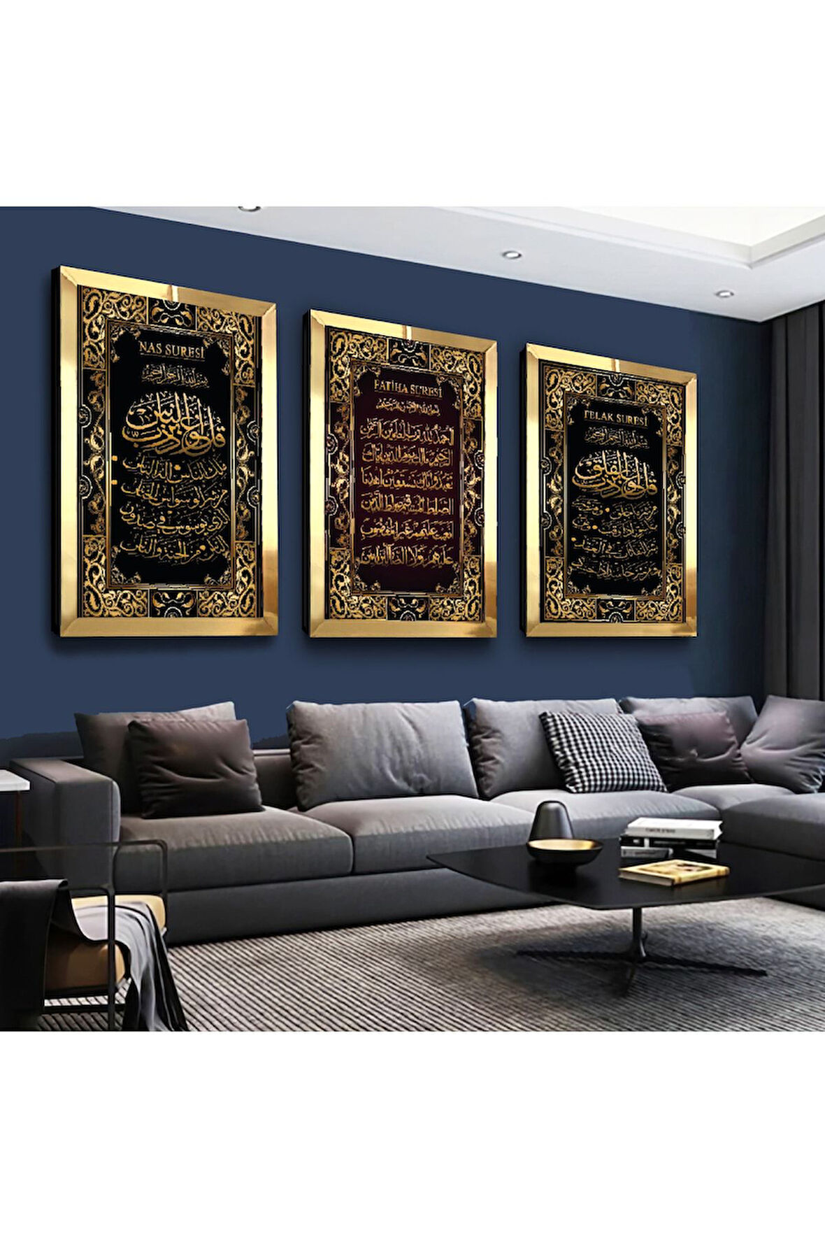 Gold Aynalı Pleksi Çerçeveli Fatiha, Nas, Felak Suresi Dini Üçlü Mdf Tablo Seti