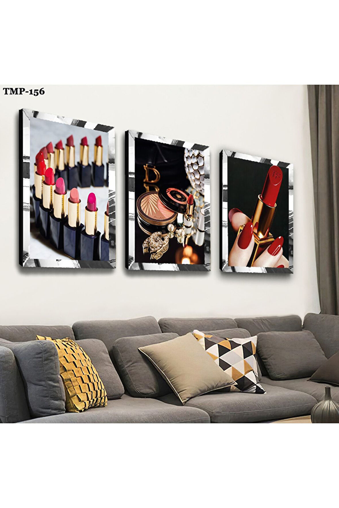 Gümüş Aynalı Pleksi Çerçeveli Ruj Üçlü Mdf Tablo Seti