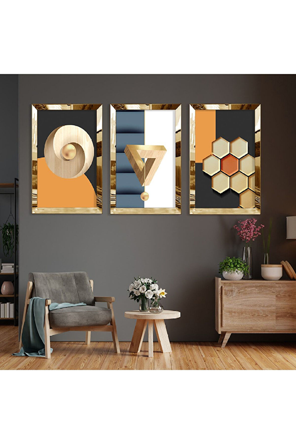Şekiller Soyut Desen Gold Pleksi Kenar Üçlü Mdf Tablo Seti