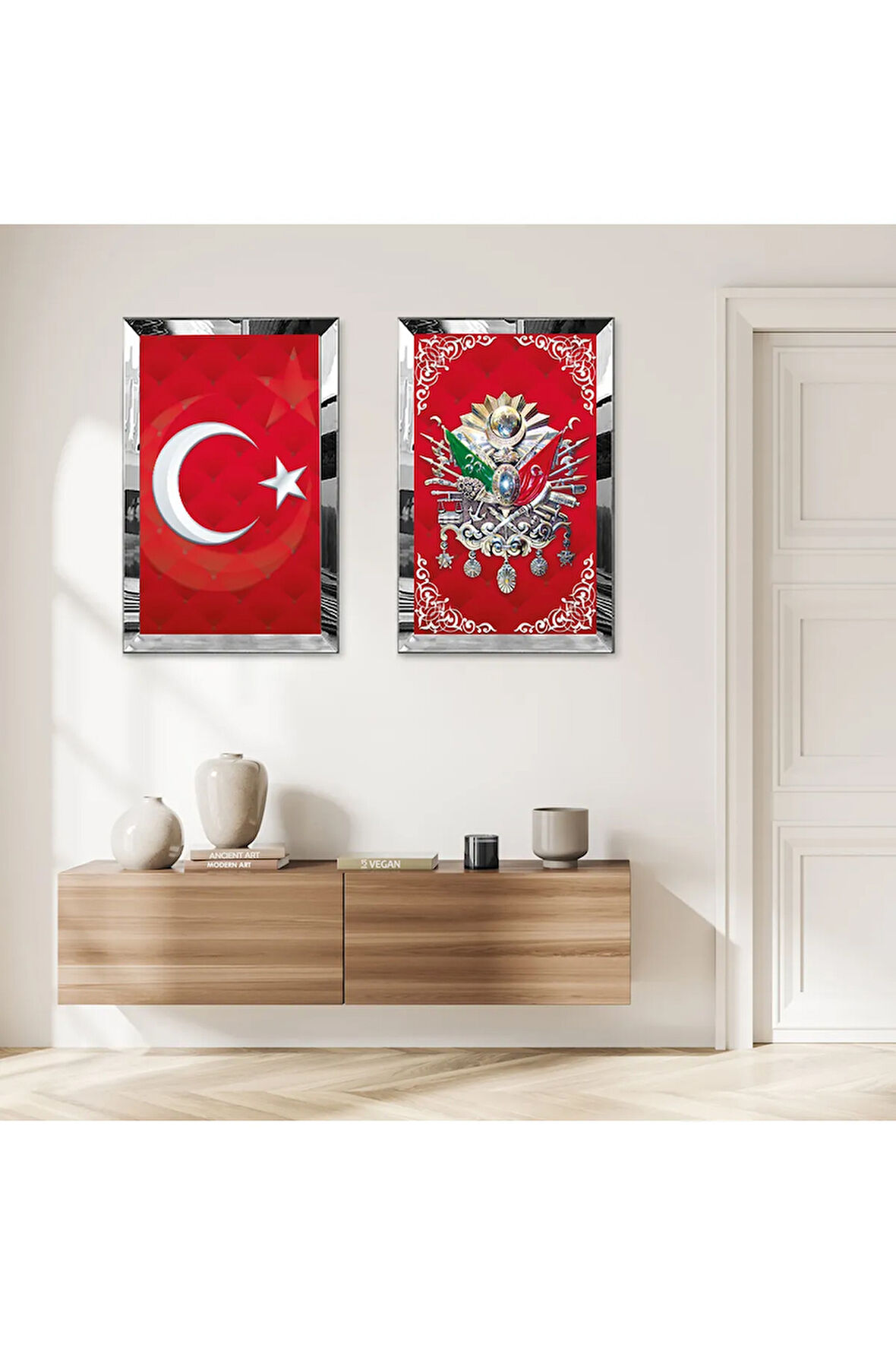 GÜMÜŞ AYNALI PLEKSİ ÇERÇEVELİ KIRMIZI TÜRK BAYRAĞI VE OSMANLI TUĞRASI İKİLİ MDF TABLO SETİ