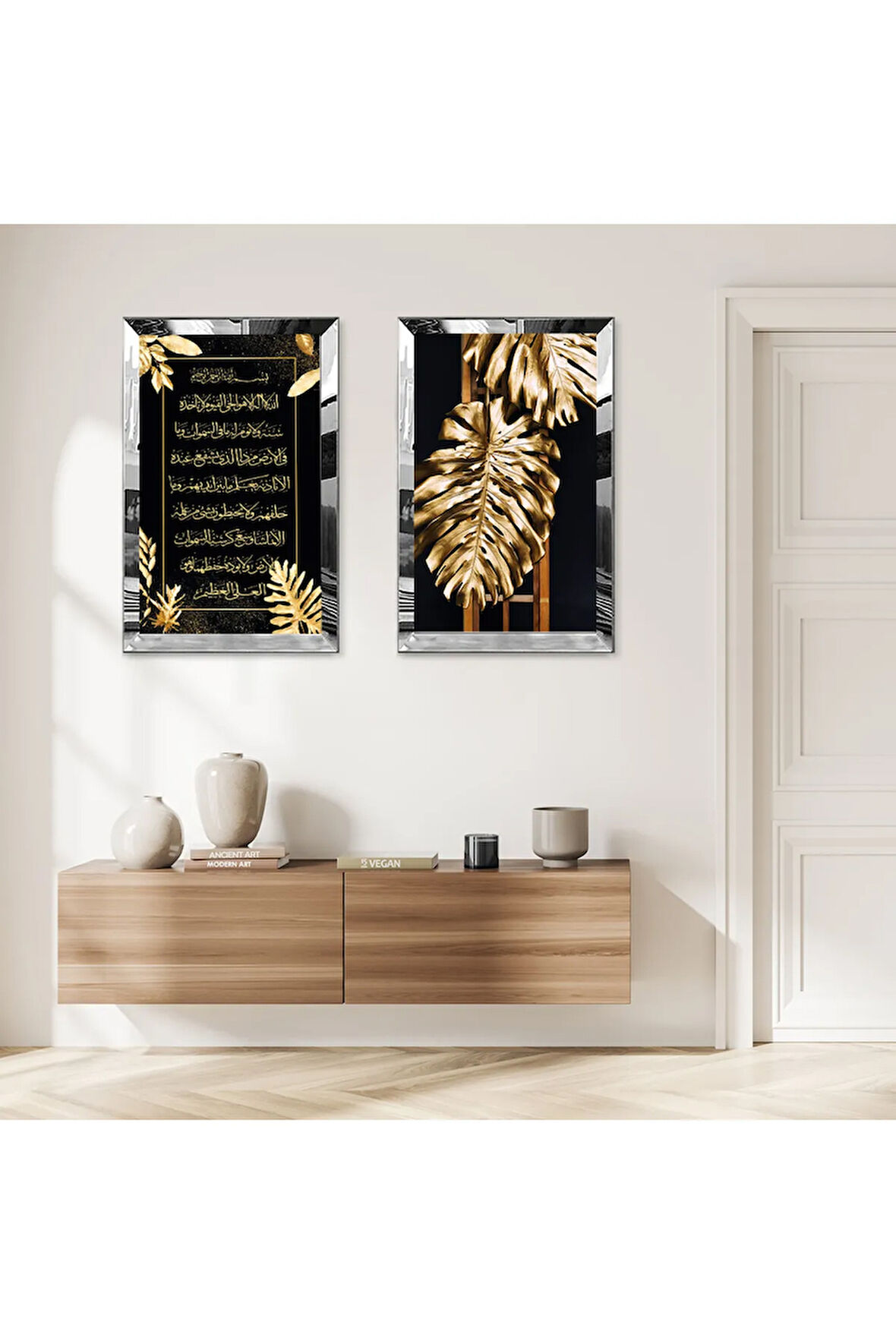 GÜMÜŞ AYNALI PLEKSİ ÇERÇEVELİ GOLD YAPRAKLAR VE DİNİ AYET İKİLİ MDF TABLO SETİ