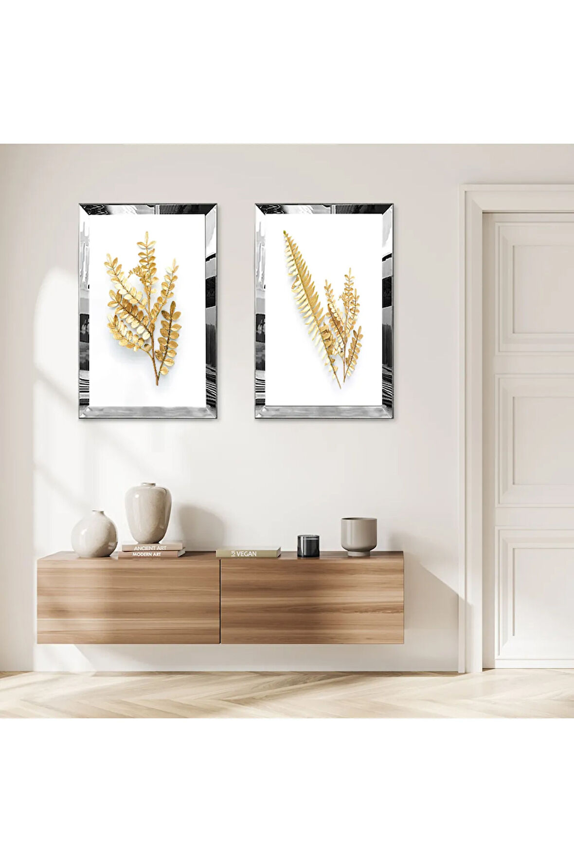 GÜMÜŞ AYNALI PLEKSİ ÇERÇEVELİ BEYAZ ARKA PLANLI GOLD ÇİÇEK İKİLİ MDF TABLO SETİ