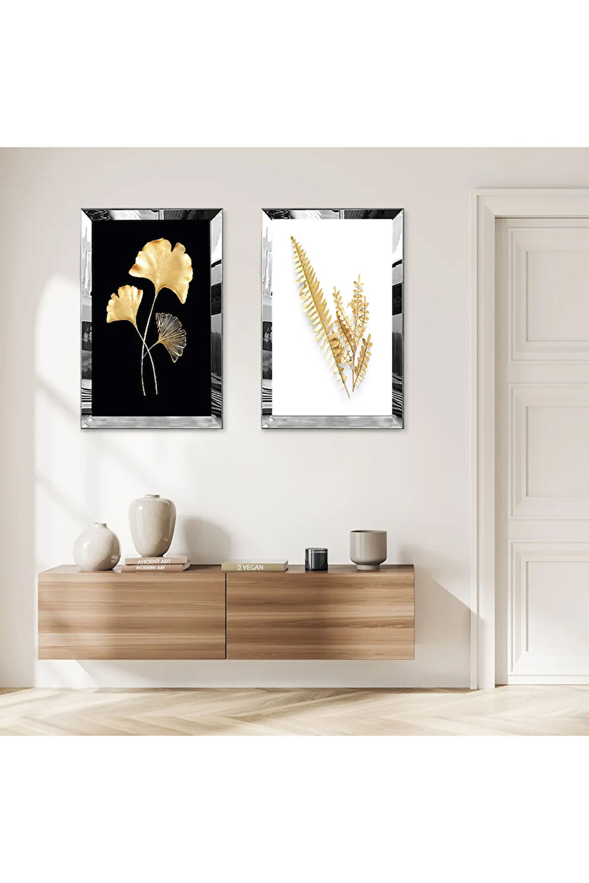 GÜMÜŞ AYNALI PLEKSİ ÇERÇEVELİ SİYAH BEYAZ ARKA PLANLI GOLD ÇİÇEK VE YAPRAK İKİLİ MDF TABLO SETİ