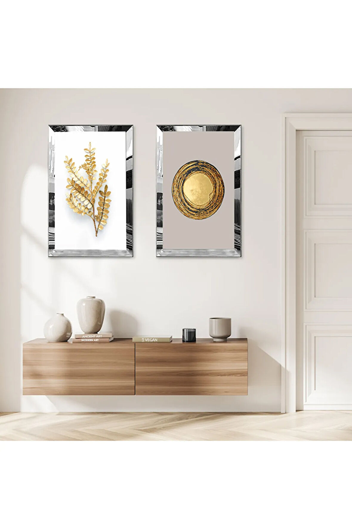 GÜMÜŞ AYNALI PLEKSİ ÇERÇEVELİ GRİ BEYAZ ARKA PLANLI GOLD ÇİÇEK İKİLİ MDF TABLO SETİ