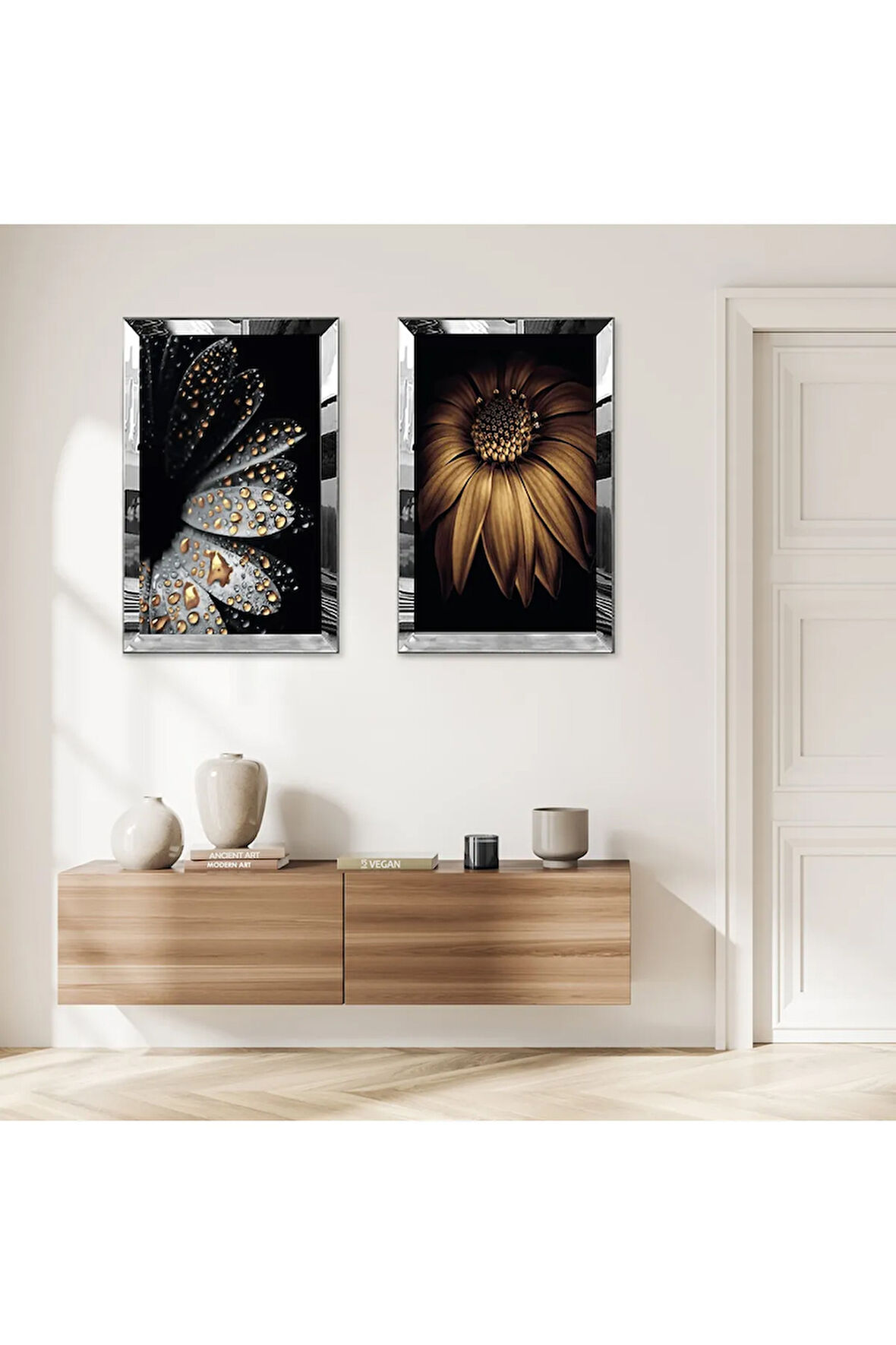 GÜMÜŞ AYNALI PLEKSİ ÇERÇEVELİ GOLD VE GRİ ÇİÇEK VE SU DAMLACIĞI İKİLİ MDF TABLO SETİ