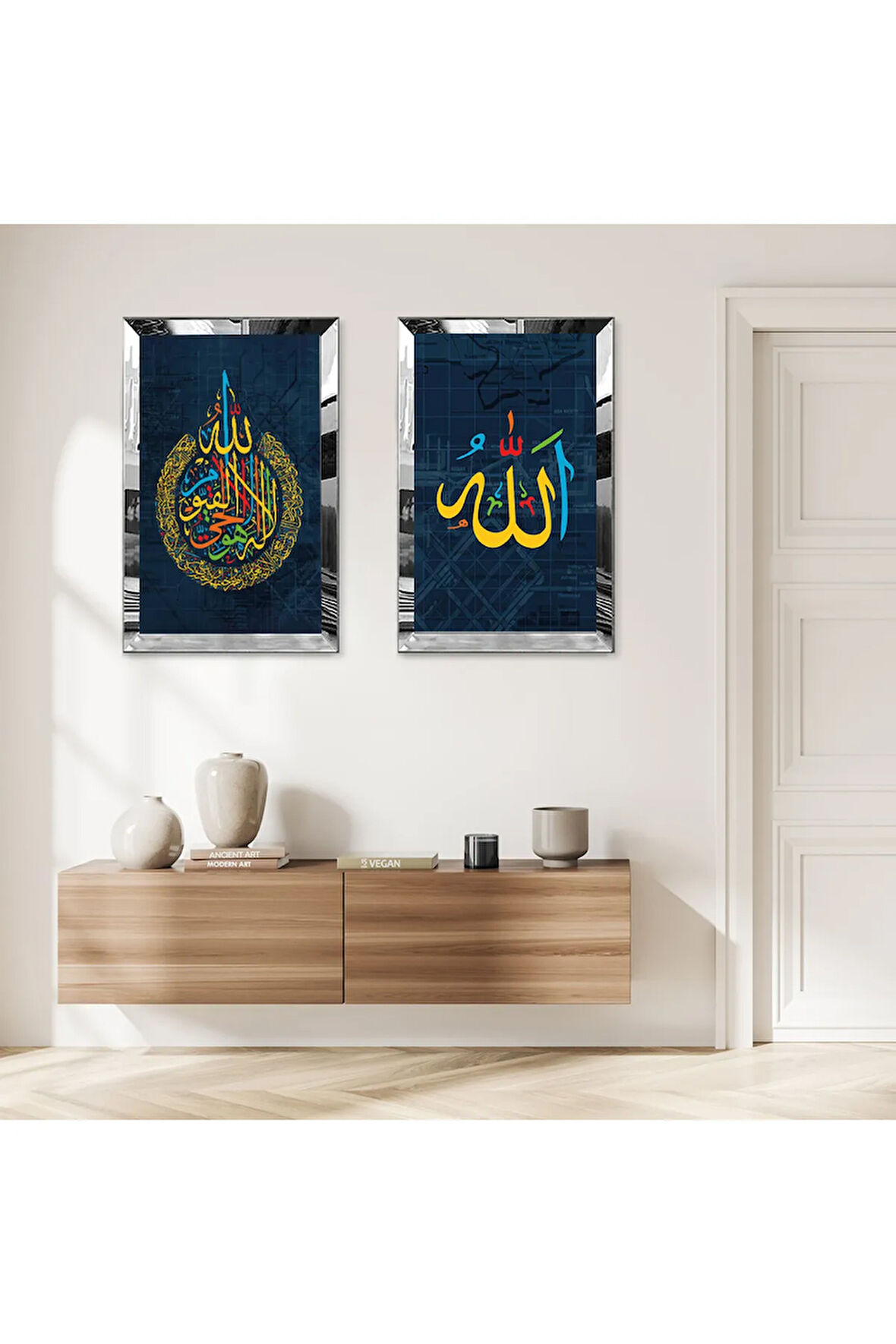 GÜMÜŞ AYNALI PLEKSİ ÇERÇEVELİ ARAPÇA DİNİ YAZILAR MUHAMMET VE ALLAH LAFZI İKİLİ MDF TABLO SETİ