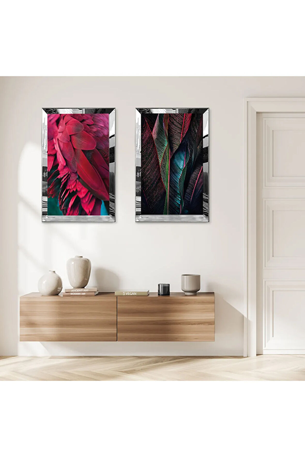 GÜMÜŞ AYNALI PLEKSİ ÇERÇEVELİ KIRMIZI YAPRAKLAR İKİLİ MDF TABLO SETİ