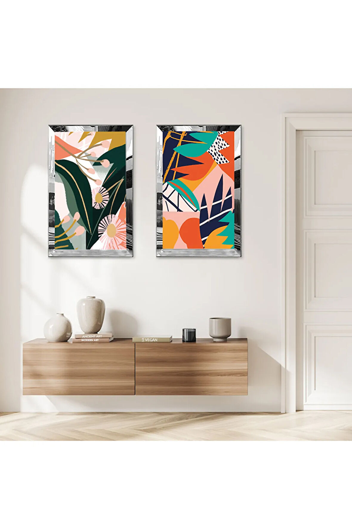 GÜMÜŞ AYNALI PLEKSİ ÇERÇEVELİ BEYAZ ARKA PLANLI RENKLİ SOYUT MODERN ŞEKİLLER İKİLİ MDF TABLO SETİ