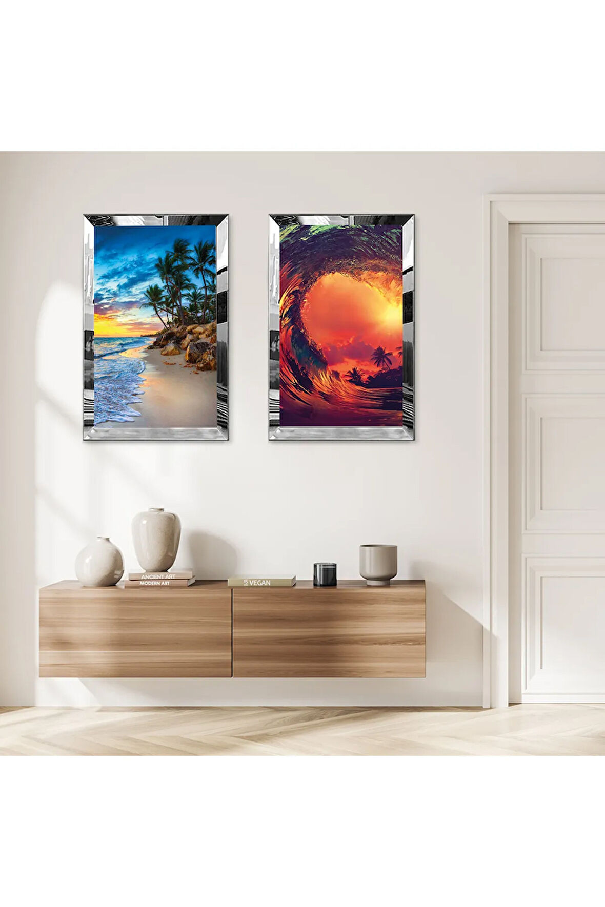 GÜMÜŞ AYNALI PLEKSİ ÇERÇEVELİ YAZIN SOYUT DENİZ MANZARALI İKİLİ MDF TABLO SETİ