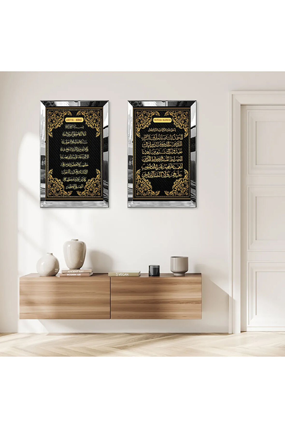 GÜMÜŞ AYNALI PLEKSİ ÇERÇEVELİ FATİHA VE AYETEL-KÜRSİ İKİLİ MDF TABLO SETİ