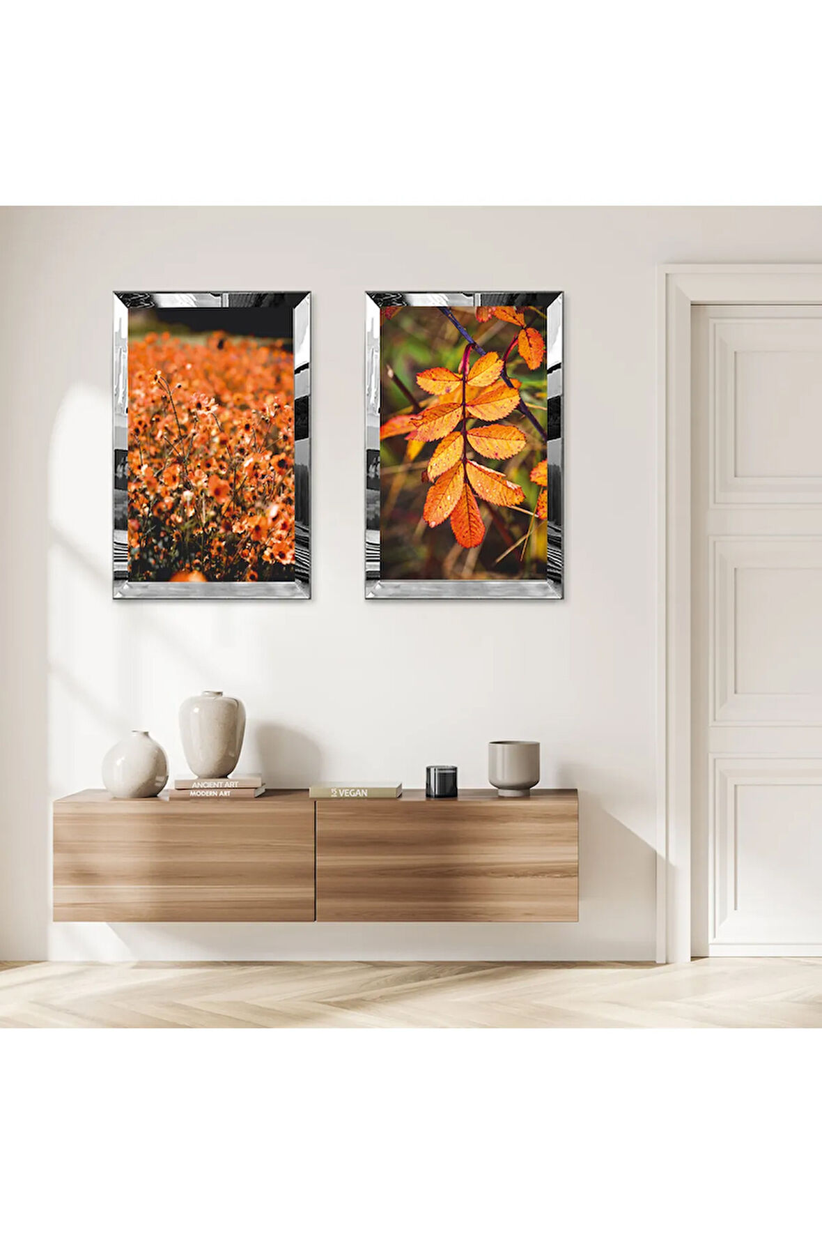 GÜMÜŞ AYNALI PLEKSİ ÇERÇEVELİ TURUNCU SOYUT ÇİÇEK BAHÇESİ İKİLİ MDF TABLO SETİ