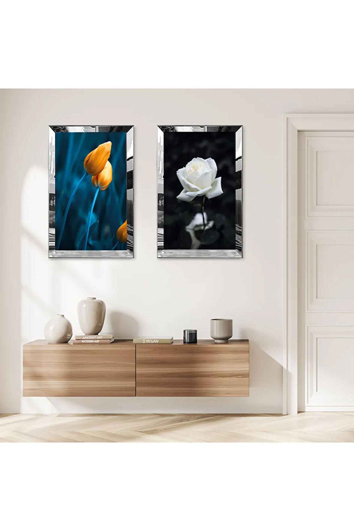 GÜMÜŞ AYNALI PLEKSİ ÇERÇEVELİ MODERN SOYUT TURUNCU ÇİÇEKLER İKİLİ MDF TABLO SETİ