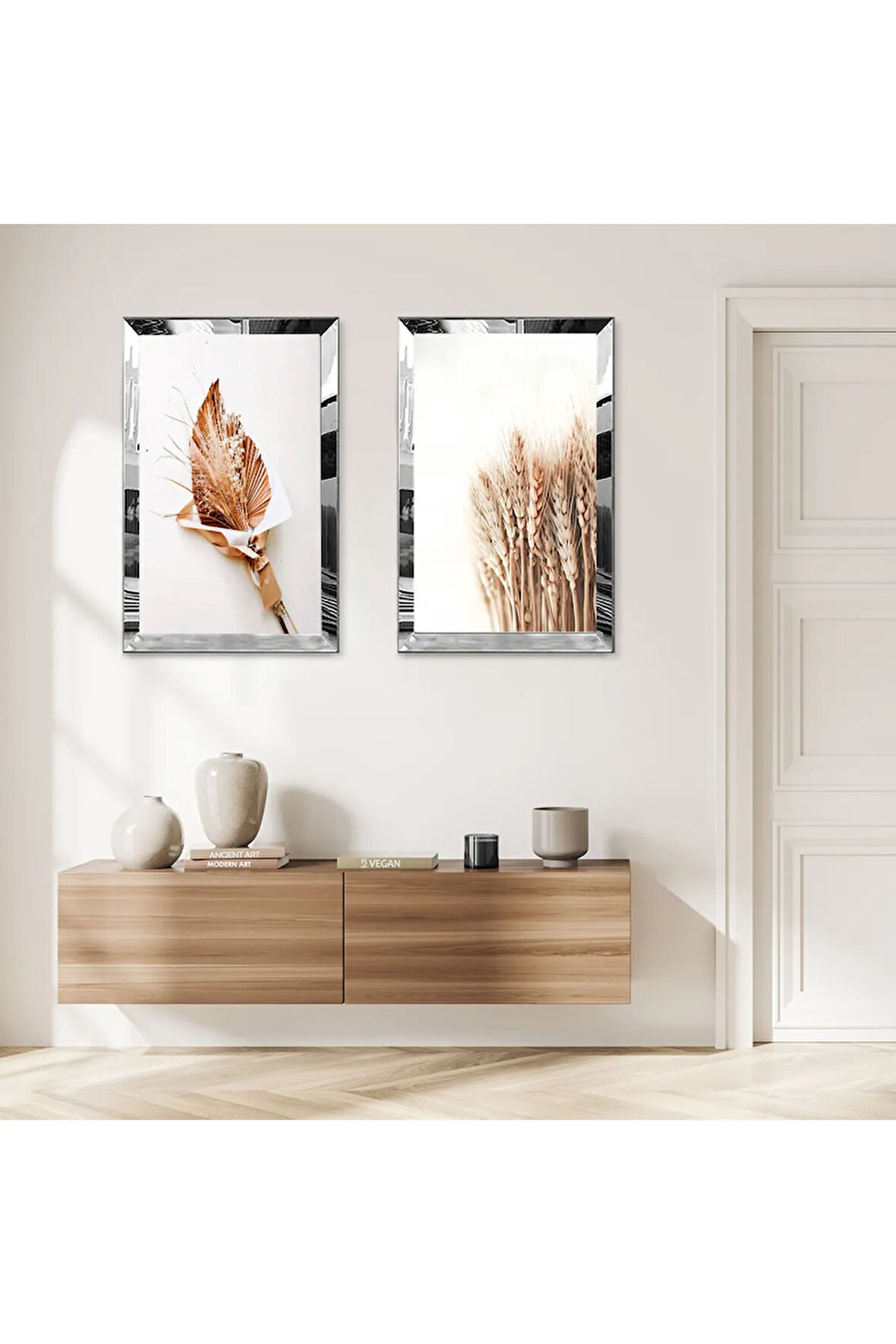 GÜMÜŞ AYNALI PLEKSİ ÇERÇEVELİ BEYAZ ARKA PLANLI KURUMUŞ ÇİÇEKLER MODERN İKİLİ MDF TABLO SETİ