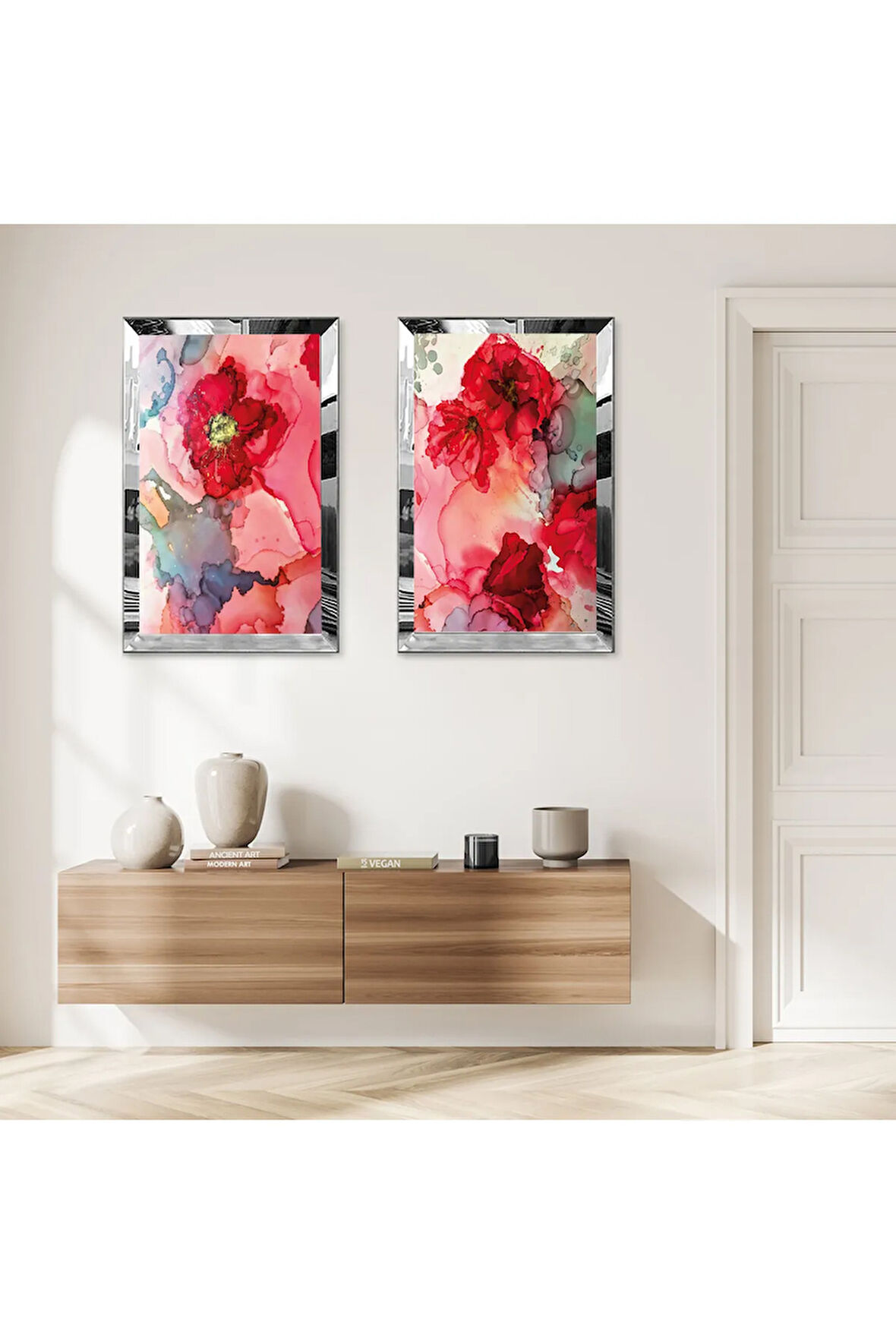 GÜMÜŞ AYNALI PLEKSİ ÇERÇEVELİ KIRMIZI ÇİÇEKLER MODERN İKİLİ MDF TABLO SETİ