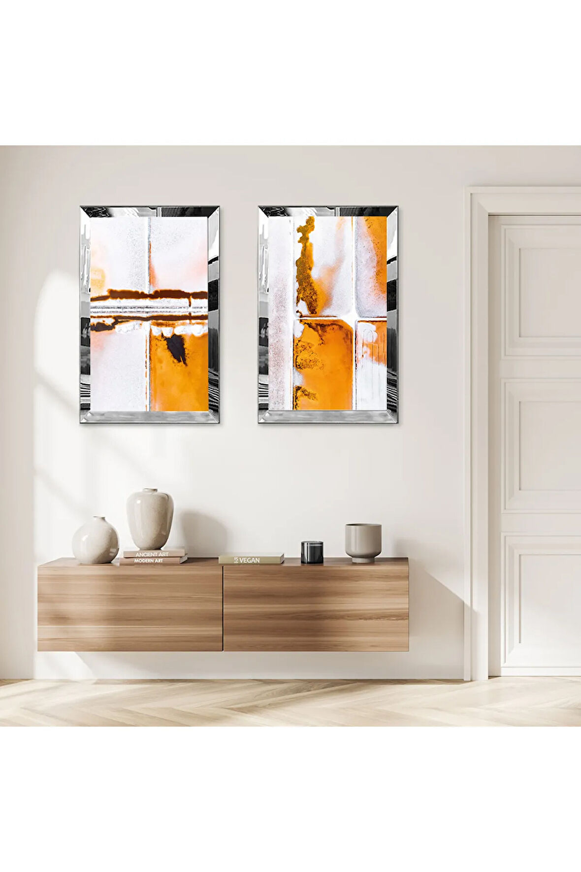 GÜMÜŞ AYNALI PLEKSİ ÇERÇEVELİ BEYAZ ARKA PLANLI SOYUT TURUNCU MODERN DESENLER İKİLİ MDF TABLO SETİ