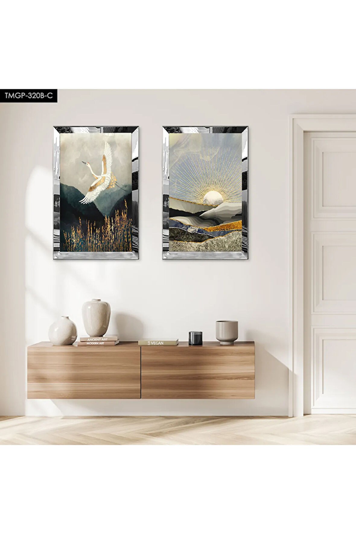 GÜMÜŞ AYNALI PLEKSİ ÇERÇEVELİ UÇAN KUŞ MODERN İKİLİ MDF TABLO SETİ