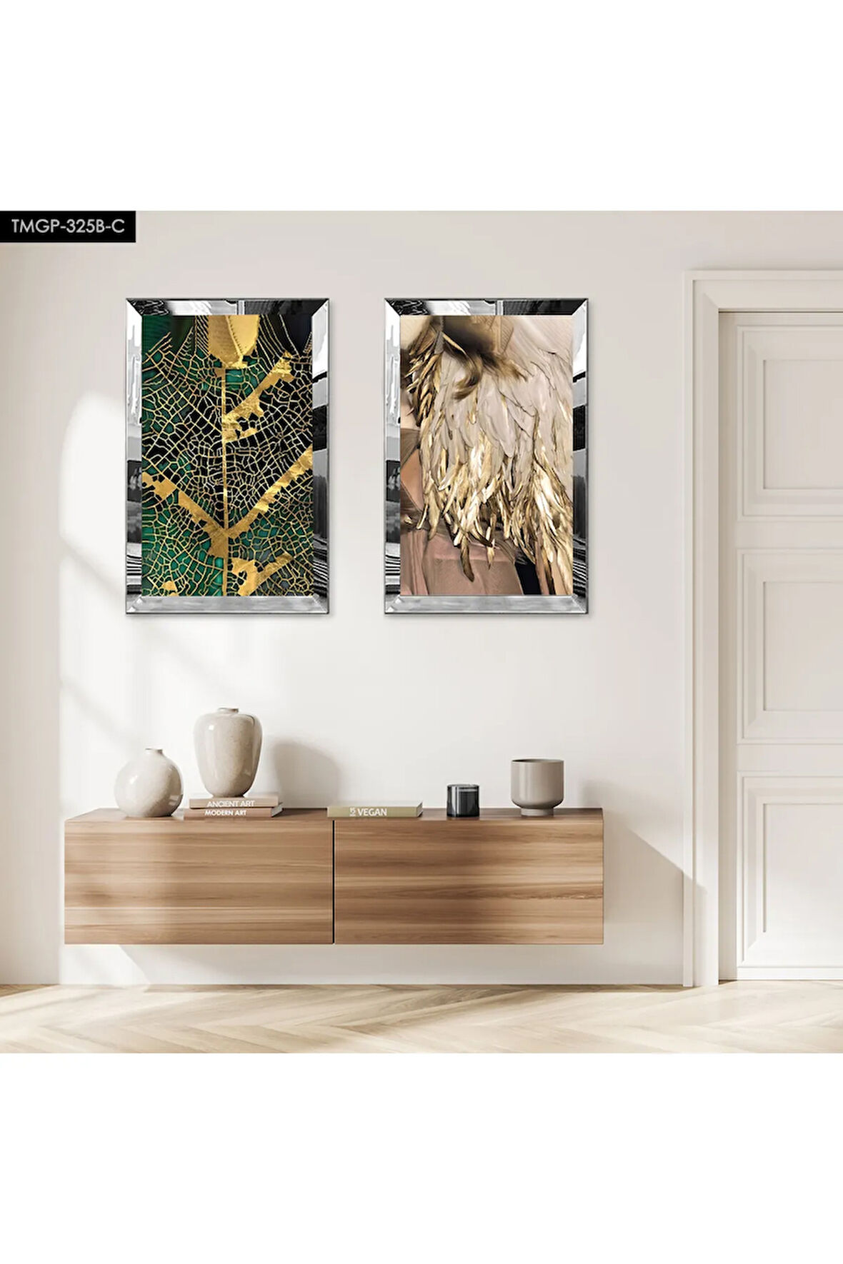 GÜMÜŞ AYNALI PLEKSİ ÇERÇEVELİ SOYUT GOLD DESENLİ İKİLİ MDF TABLO SETİ
