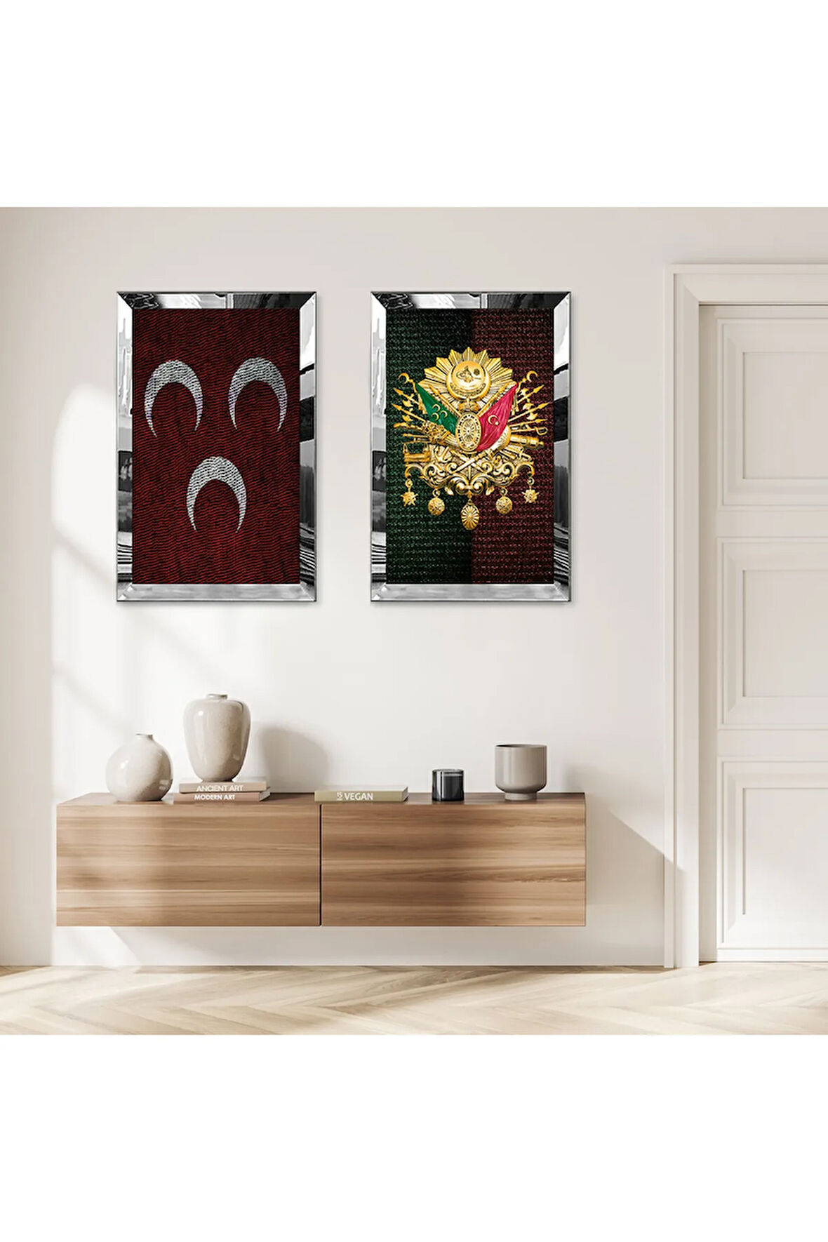GÜMÜŞ AYNALI PLEKSİ ÇERÇEVELİ KIRMIZI 3 HİLAL VE OSMANLI TUĞRASI İKİLİ MDF TABLO SETİ