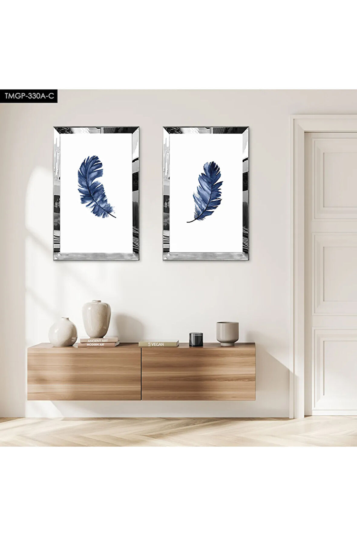 GÜMÜŞ AYNALI PLEKSİ ÇERÇEVELİ BEYAZ ARKA PLANLI MAVİ YAPRAK MODERN İKİLİ MDF TABLO SETİ