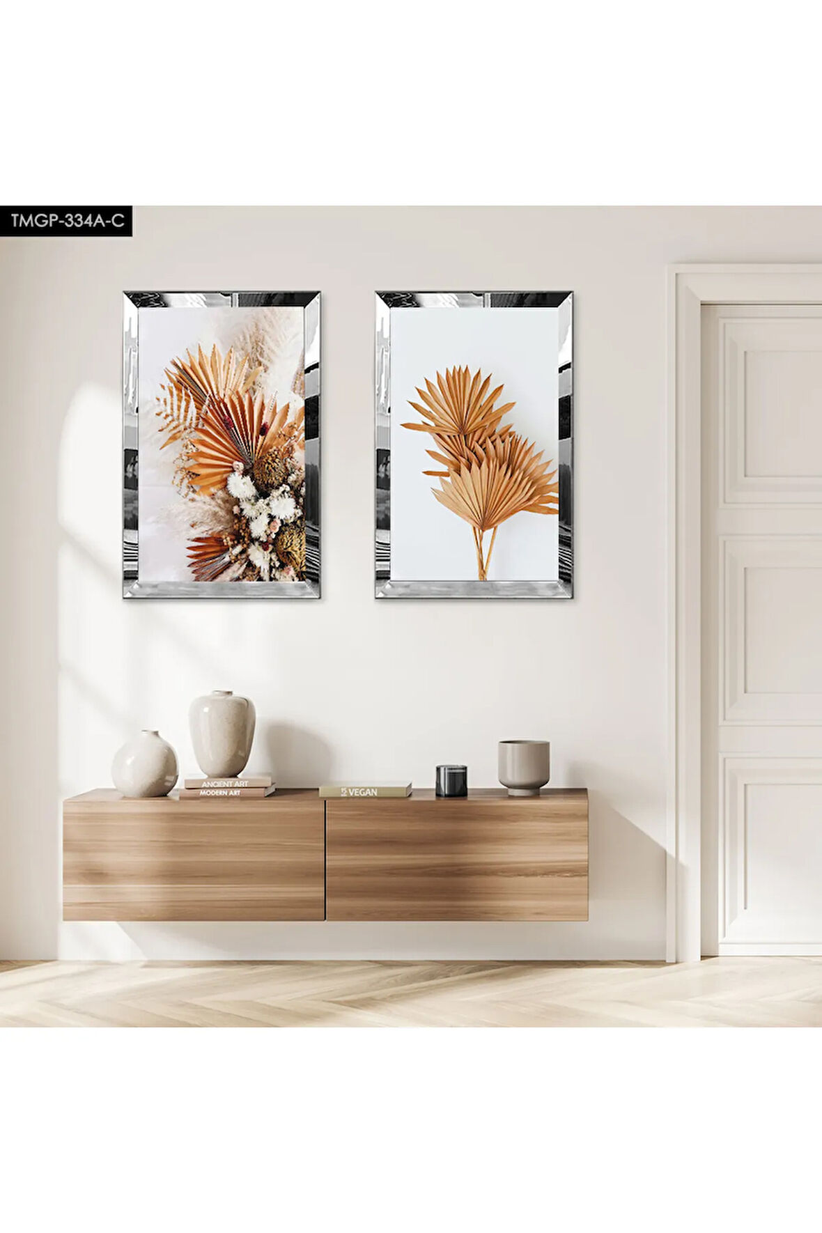 GÜMÜŞ AYNALI PLEKSİ ÇERÇEVELİ TURUNCU ÇİÇEKLER MODERN İKİLİ MDF TABLO SETİ