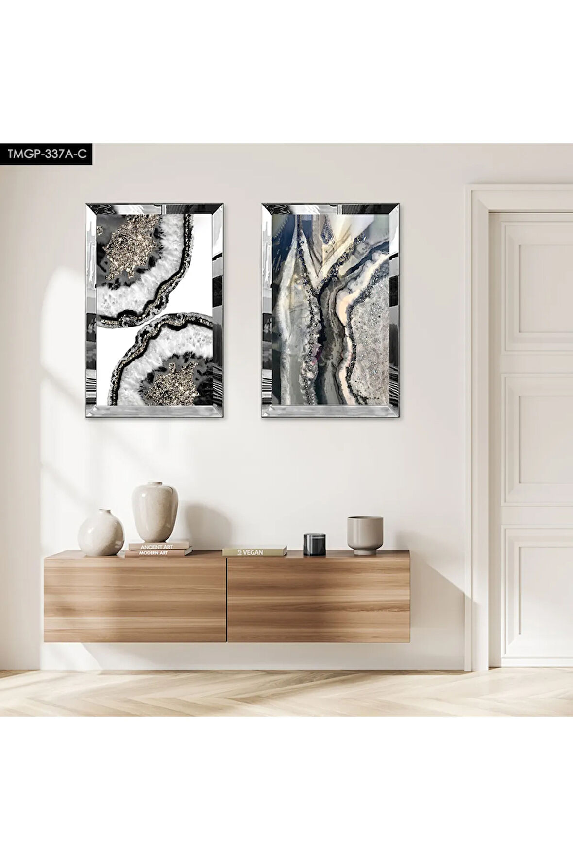 GÜMÜŞ AYNALI PLEKSİ ÇERÇEVELİ BEYAZ ARKA PLANLI GRİ TONLARI DESENLİ DEKORATİF İKİLİ MDF TABLO SETİ