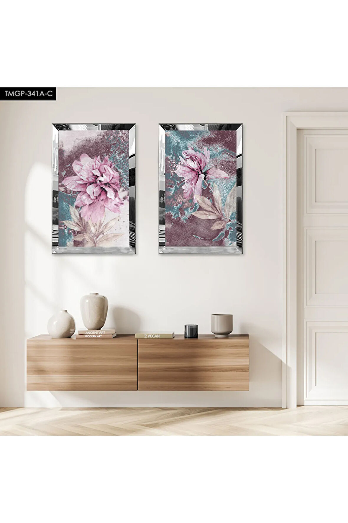 GÜMÜŞ AYNALI PLEKSİ ÇERÇEVELİ MOR ÇİÇEK İKİLİ MDF TABLO SETİ