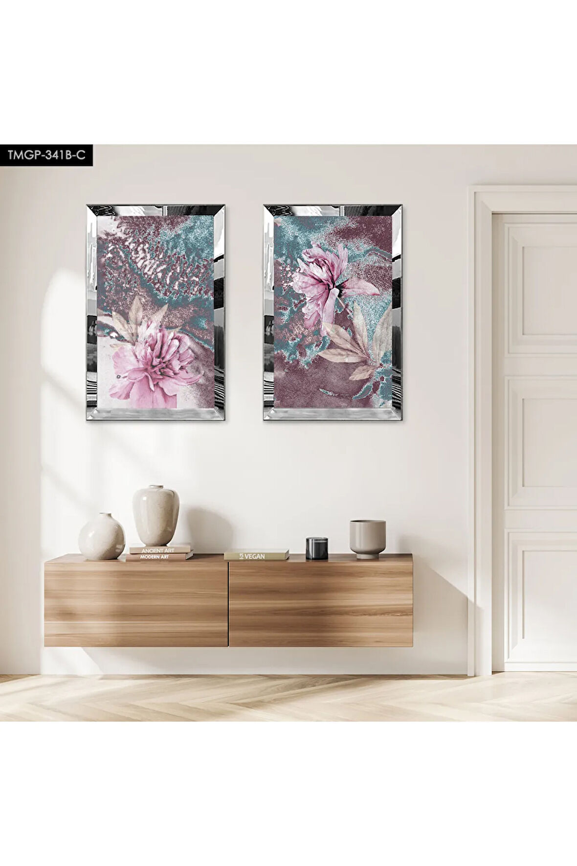 GÜMÜŞ AYNALI PLEKSİ ÇERÇEVELİ MODERN MOR ÇİÇEK İKİLİ MDF TABLO SETİ