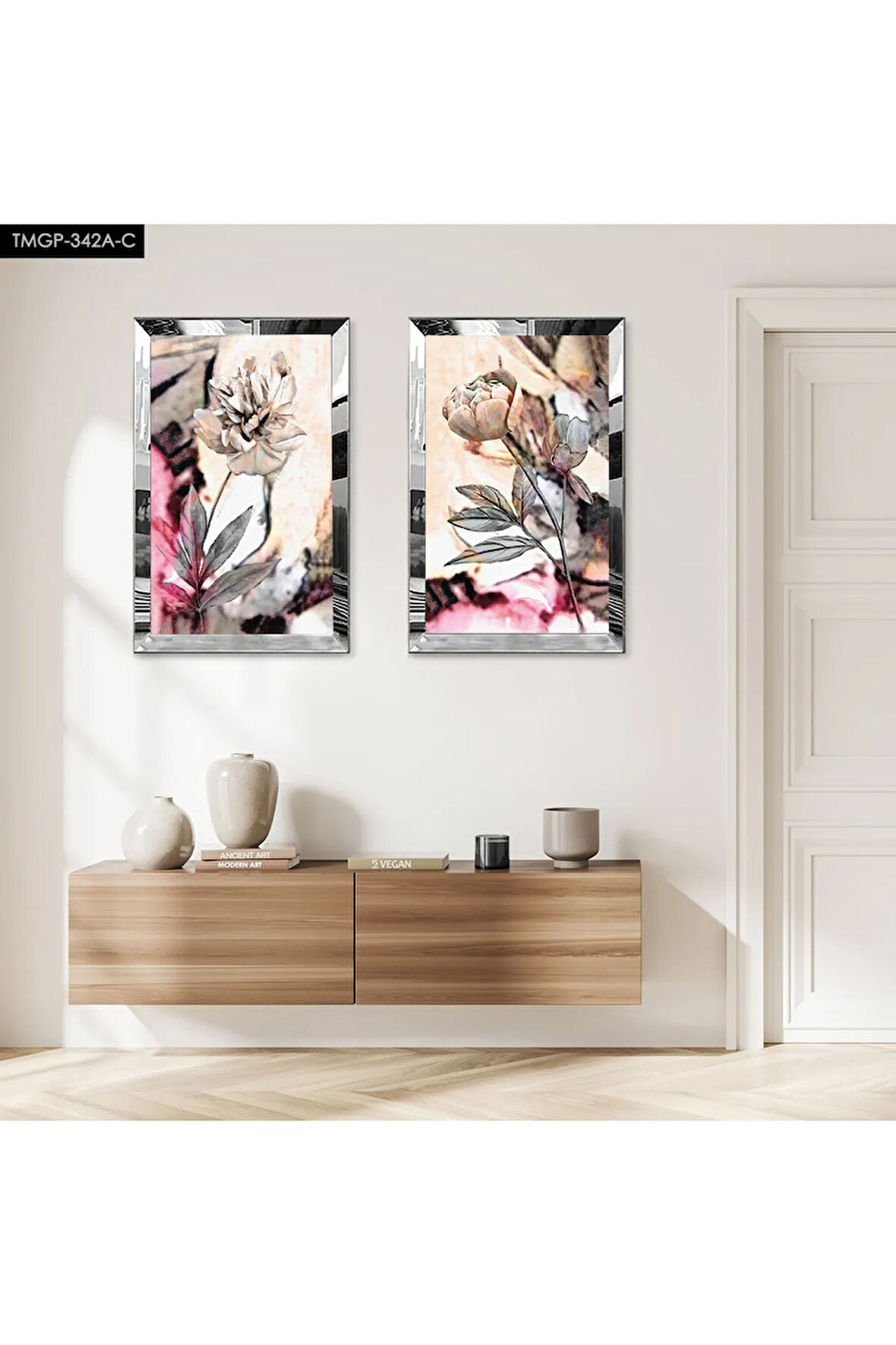 GÜMÜŞ AYNALI PLEKSİ ÇERÇEVELİ SARI VE GRİ TONLARI ÇİÇEK İKİLİ MDF TABLO SETİ