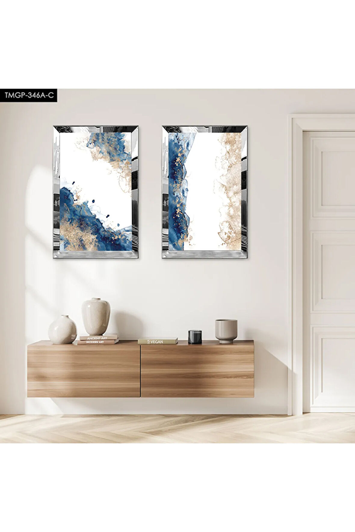 GÜMÜŞ AYNALI PLEKSİ ÇERÇEVELİ BEYAZ ARKA PLANLI SOYUT DEKORATİF MAVİ ŞEKİLLER İKİLİ MDF TABLO SETİ