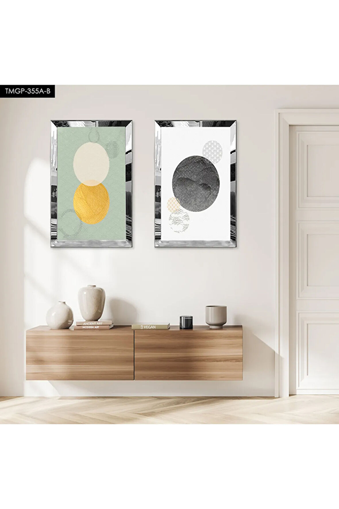 GÜMÜŞ AYNALI PLEKSİ ÇERÇEVELİ MİNİMALİST MODERN ŞEKİLLER İKİLİ MDF TABLO SETİ